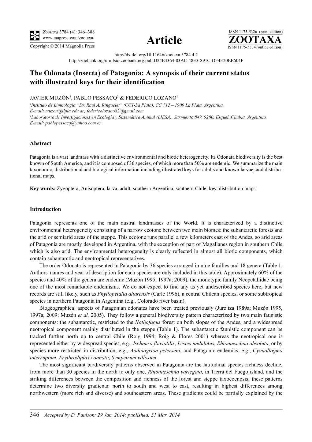 The Odonata (Insecta) of Patagonia: a Synopsis of Their Current Status with Illustrated Keys for Their Identification