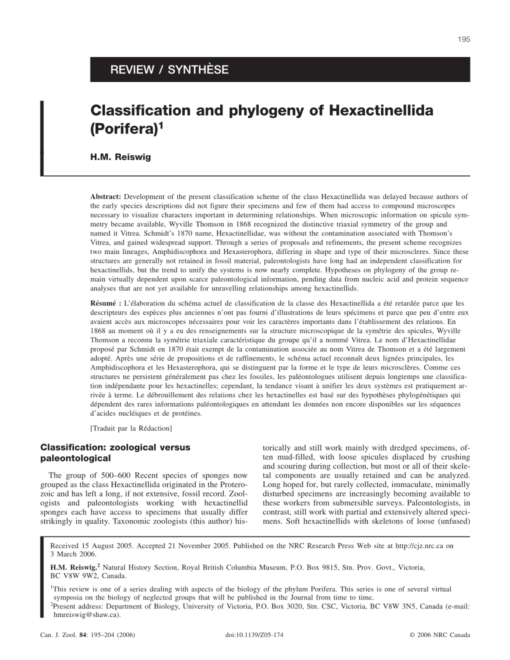 Classification and Phylogeny of Hexactinellida (Porifera)1