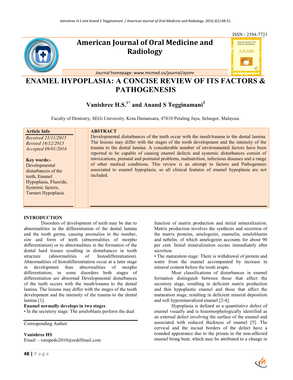 Enamel Hypoplasia: a Concise Review of Its Factors & Pathogenesis