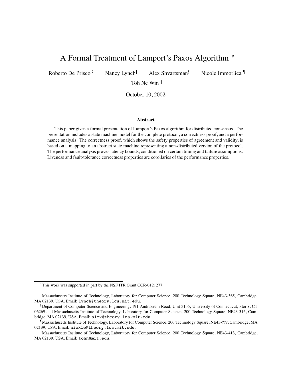 A Formal Treatment of Lamport's Paxos Algorithm