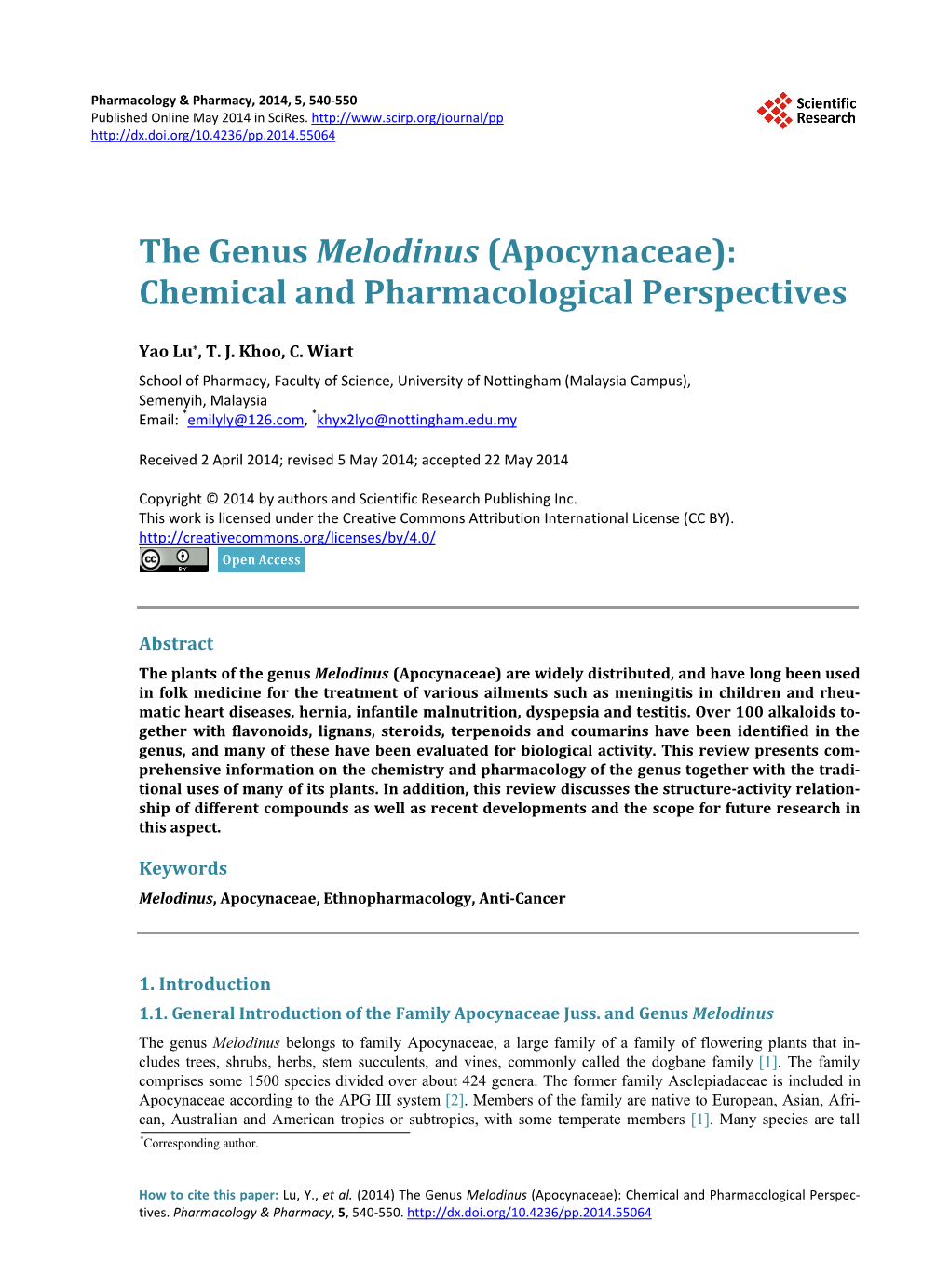 The Genus Melodinus (Apocynaceae): Chemical and Pharmacological Perspectives