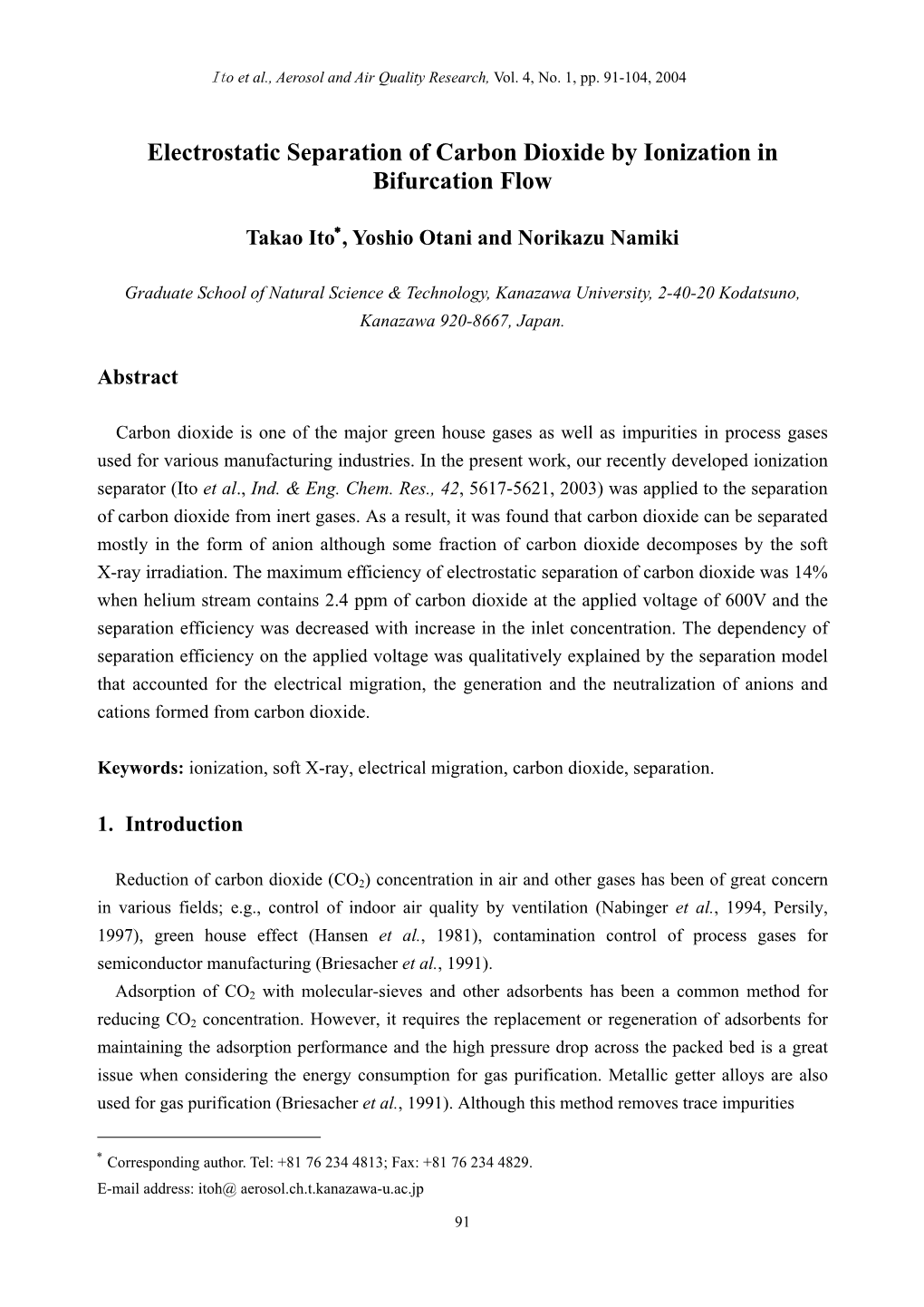 Electrostatic Separation of Carbon Dioxide by Ionization in Bifurcation Flow