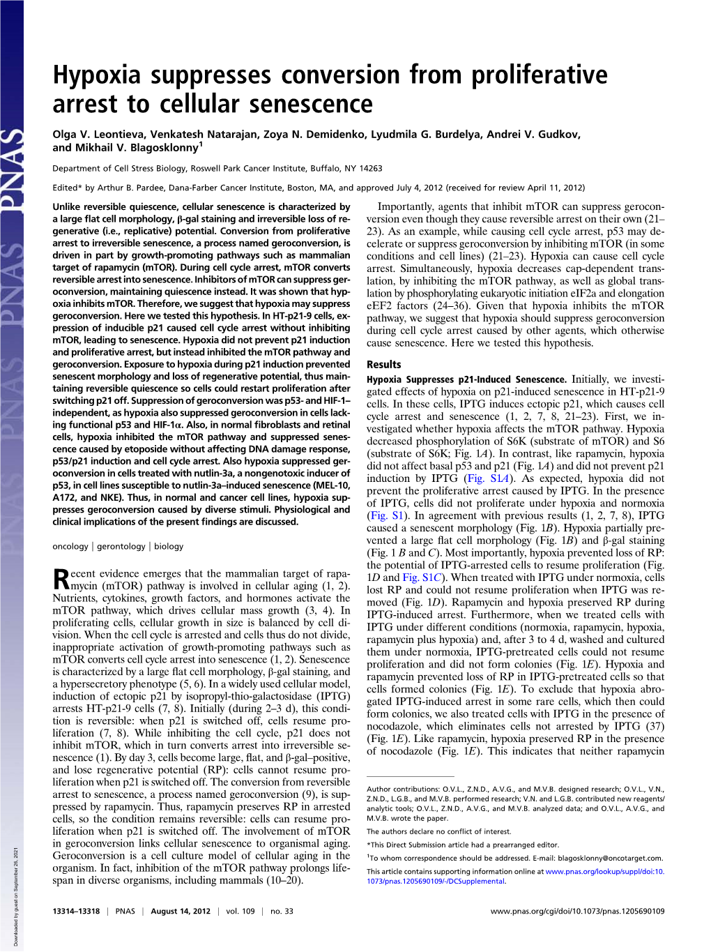 Hypoxia Suppresses Conversion from Proliferative Arrest to Cellular Senescence