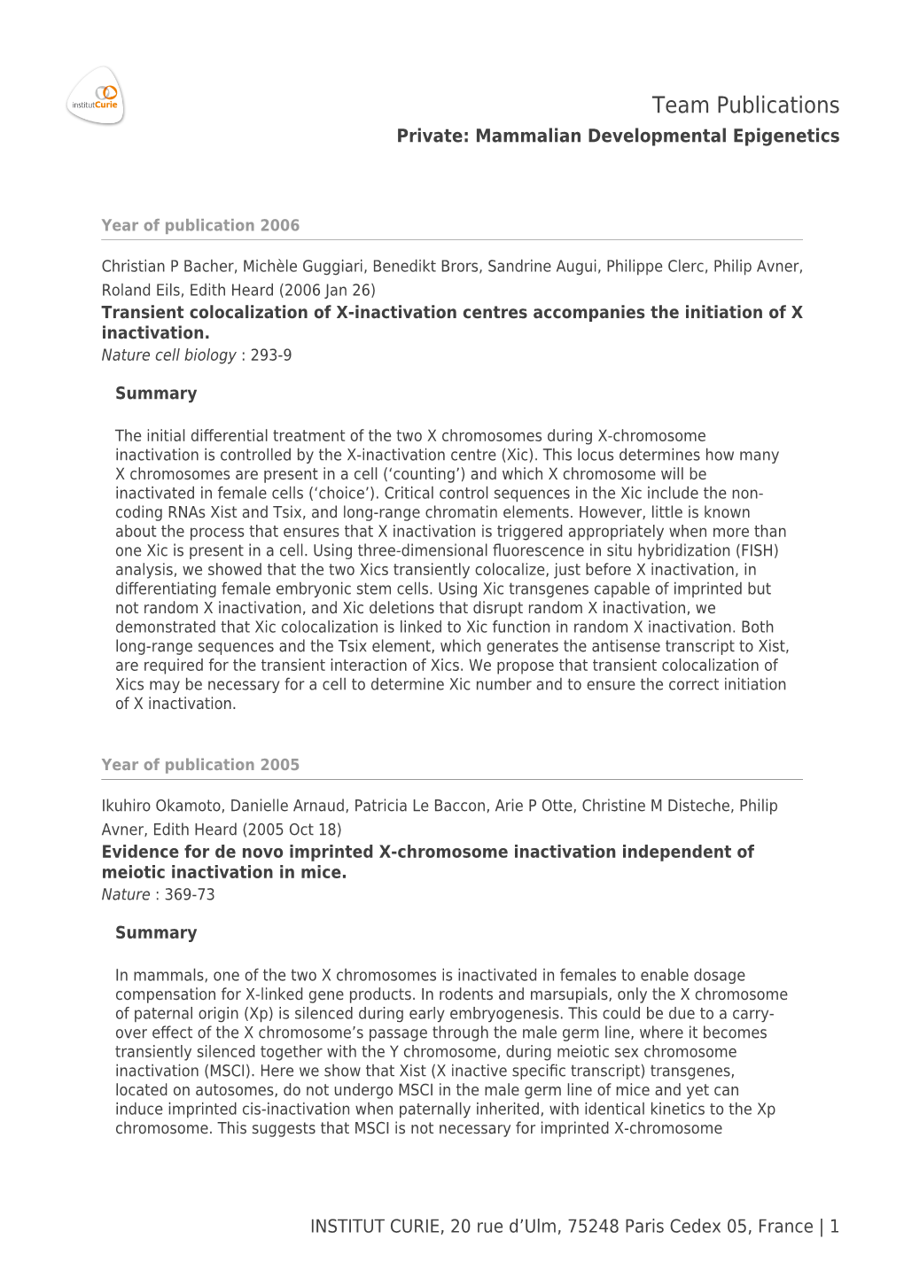 Team Publications Private: Mammalian Developmental Epigenetics