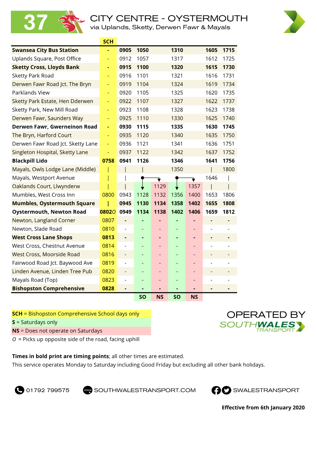 OPERATED by S = Saturdays Only NS = Does Not Operate on Saturdays O = Picks up Opposite Side of the Road, Facing Uphill