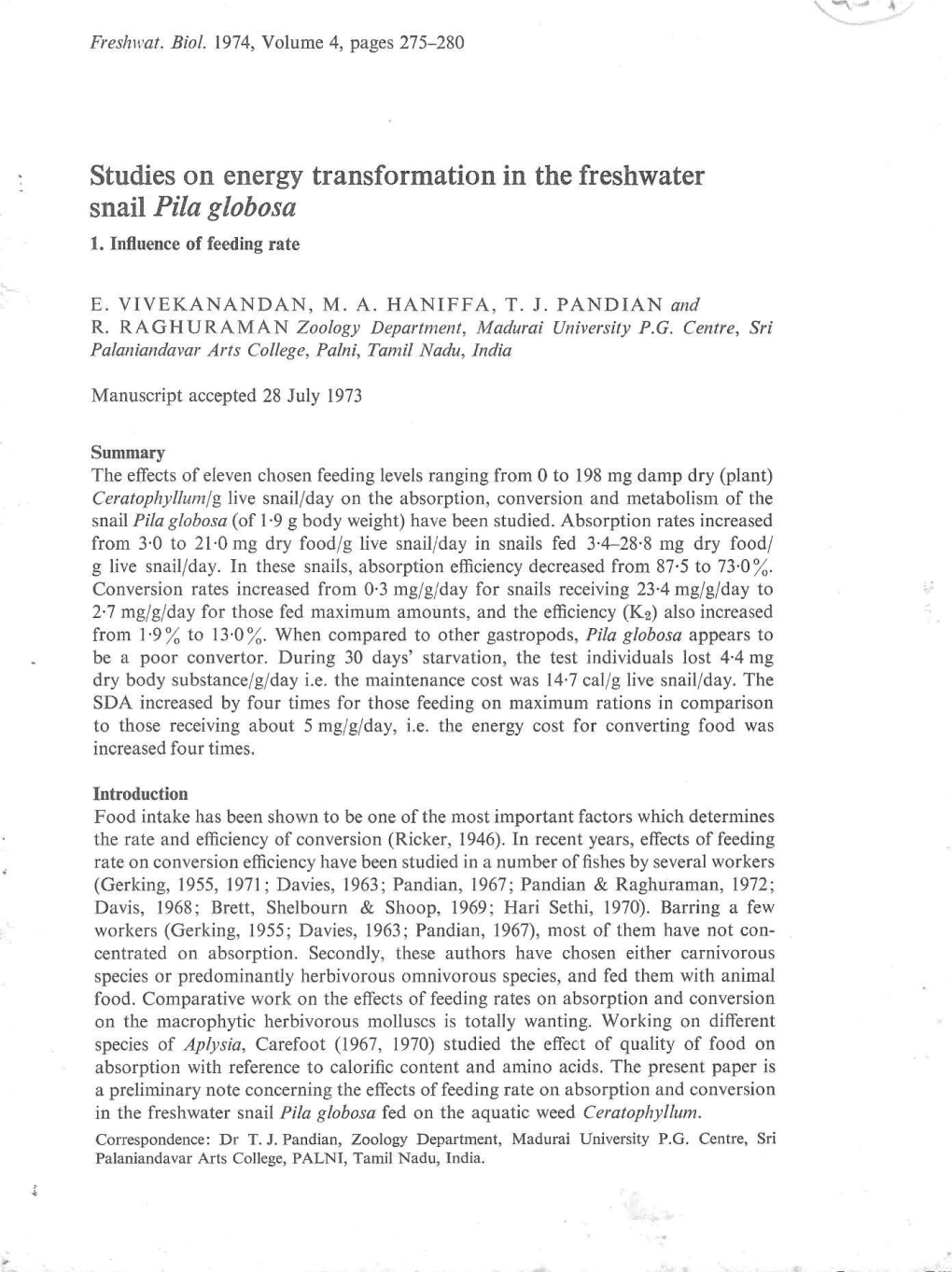 Studies on Energy Transformation in the Freshwater Snail Pila Globosa 1