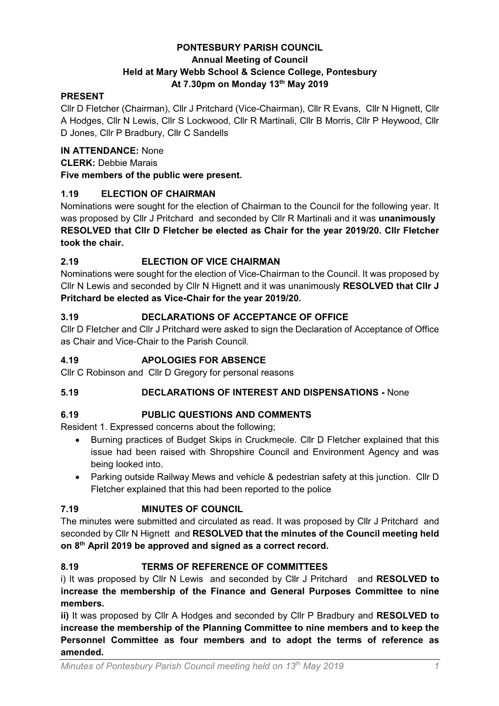 Minutes of Pontesbury Parish Council Meeting Held on 13Th May 2019 1