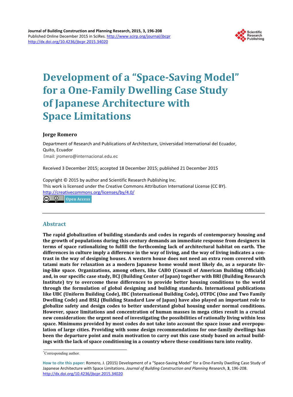 “Space-Saving Model” for a One-Family Dwelling Case Study of Japanese Architecture with Space Limitations