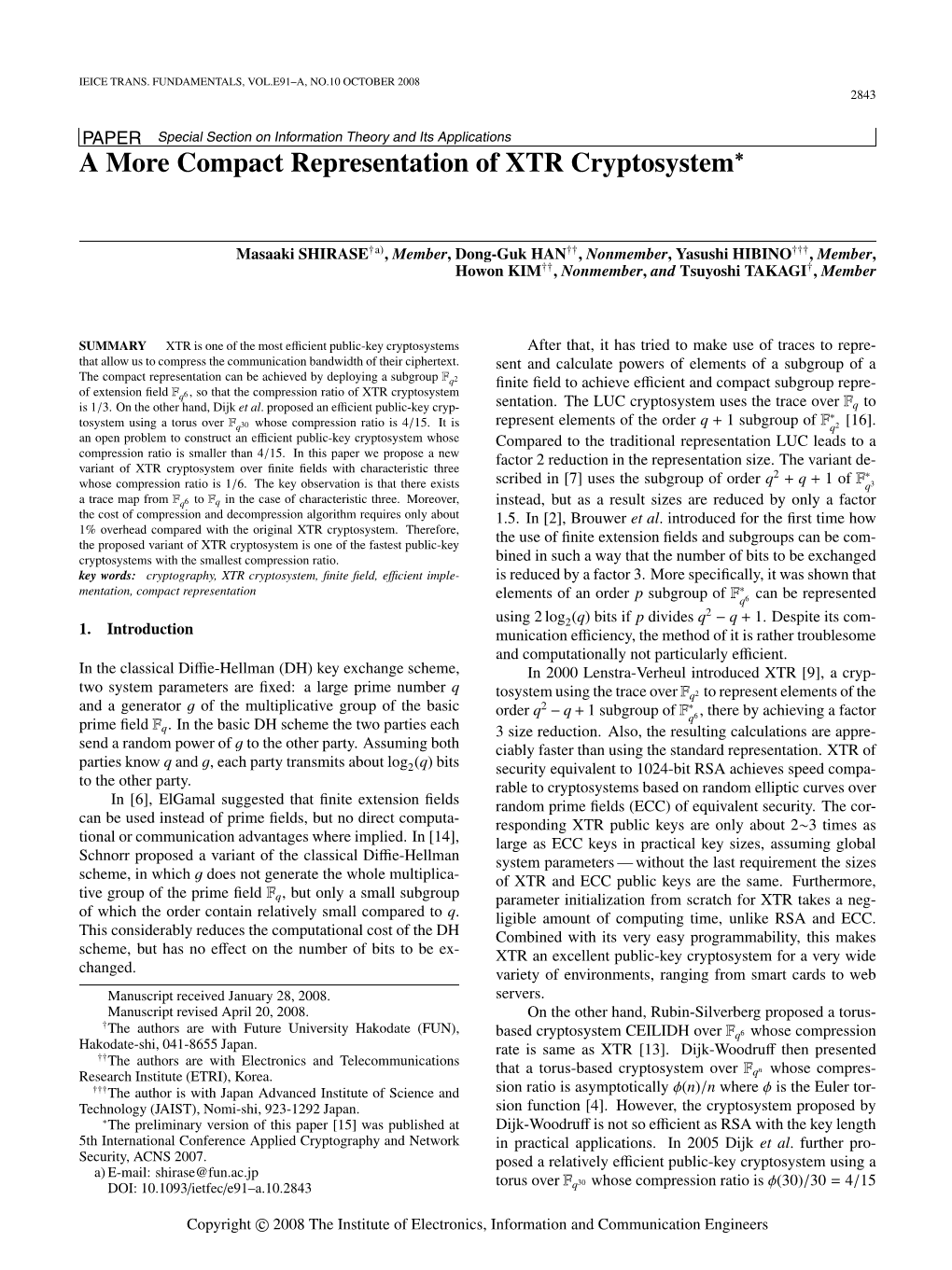 A More Compact Representation of XTR Cryptosystem∗