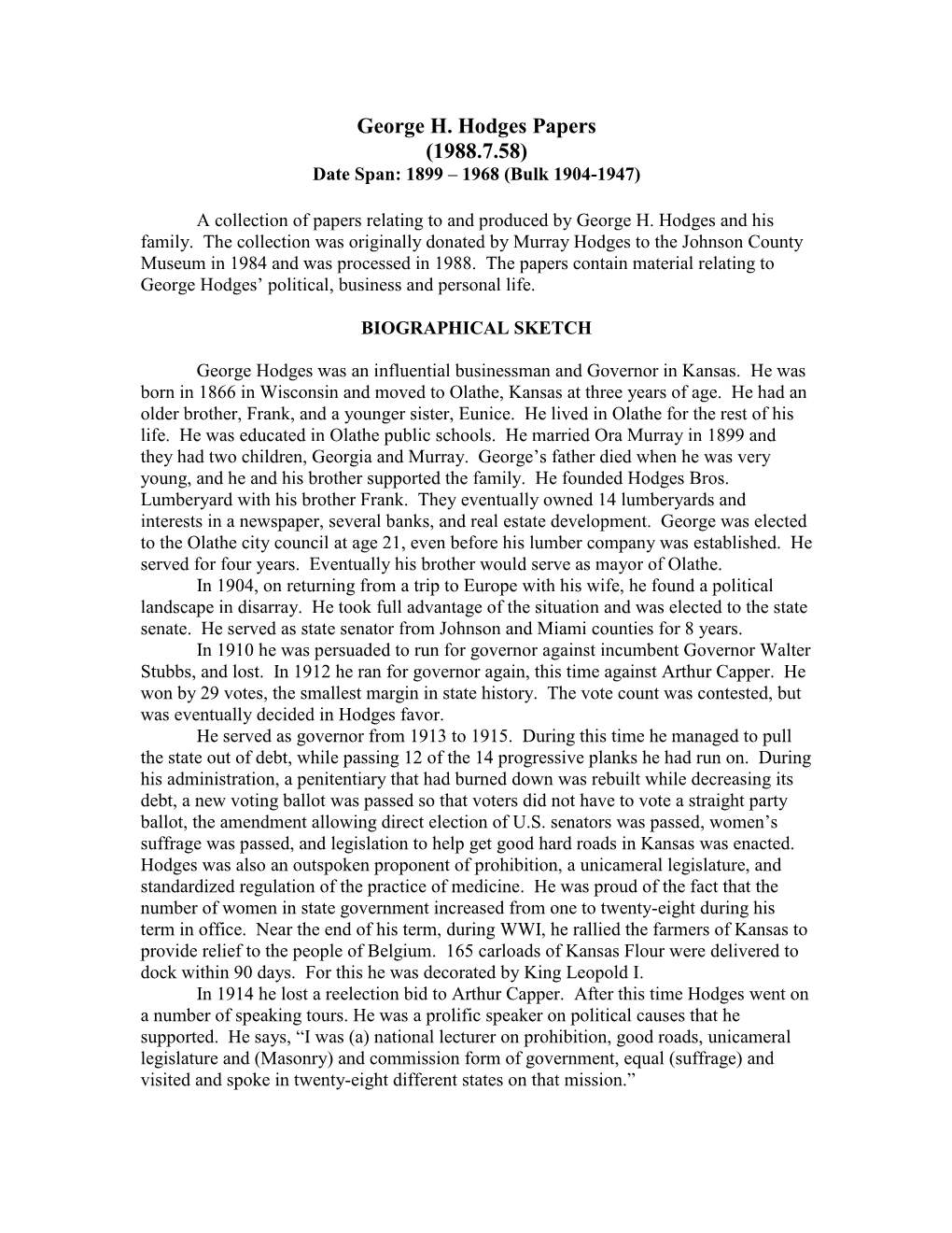 George H. Hodges Papers (1988.7.58) Date Span: 1899 – 1968 (Bulk 1904-1947)