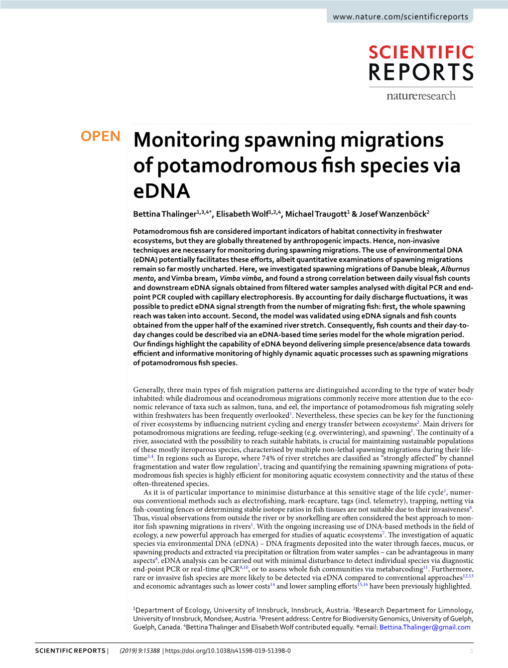 Monitoring Spawning Migrations of Potamodromous Fish Species Via Edna