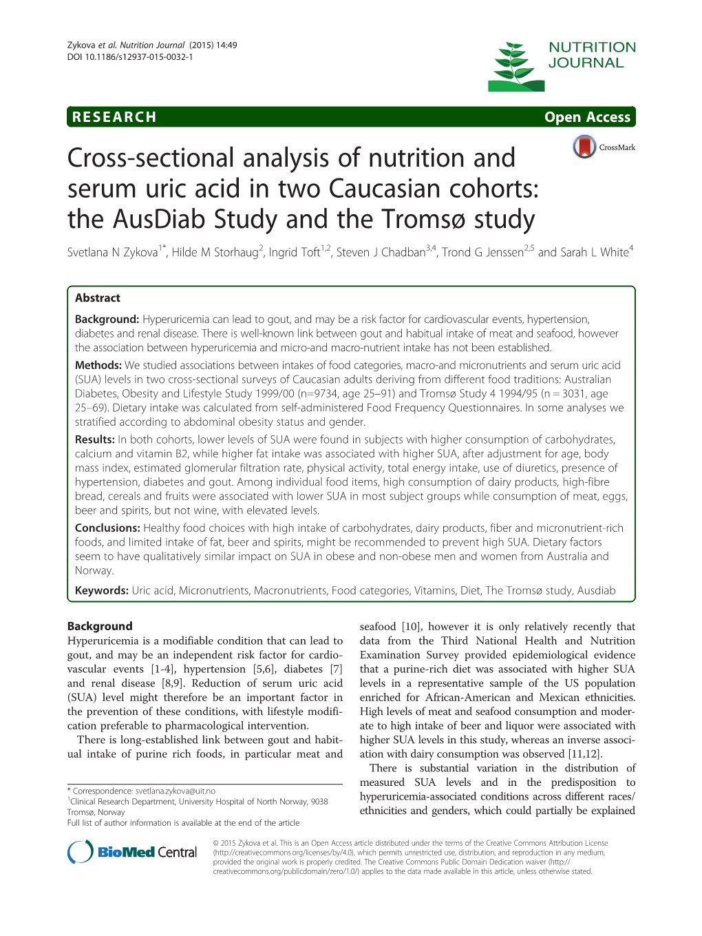 Cross-Sectional Analysis of Nutrition and Serum Uric Acid