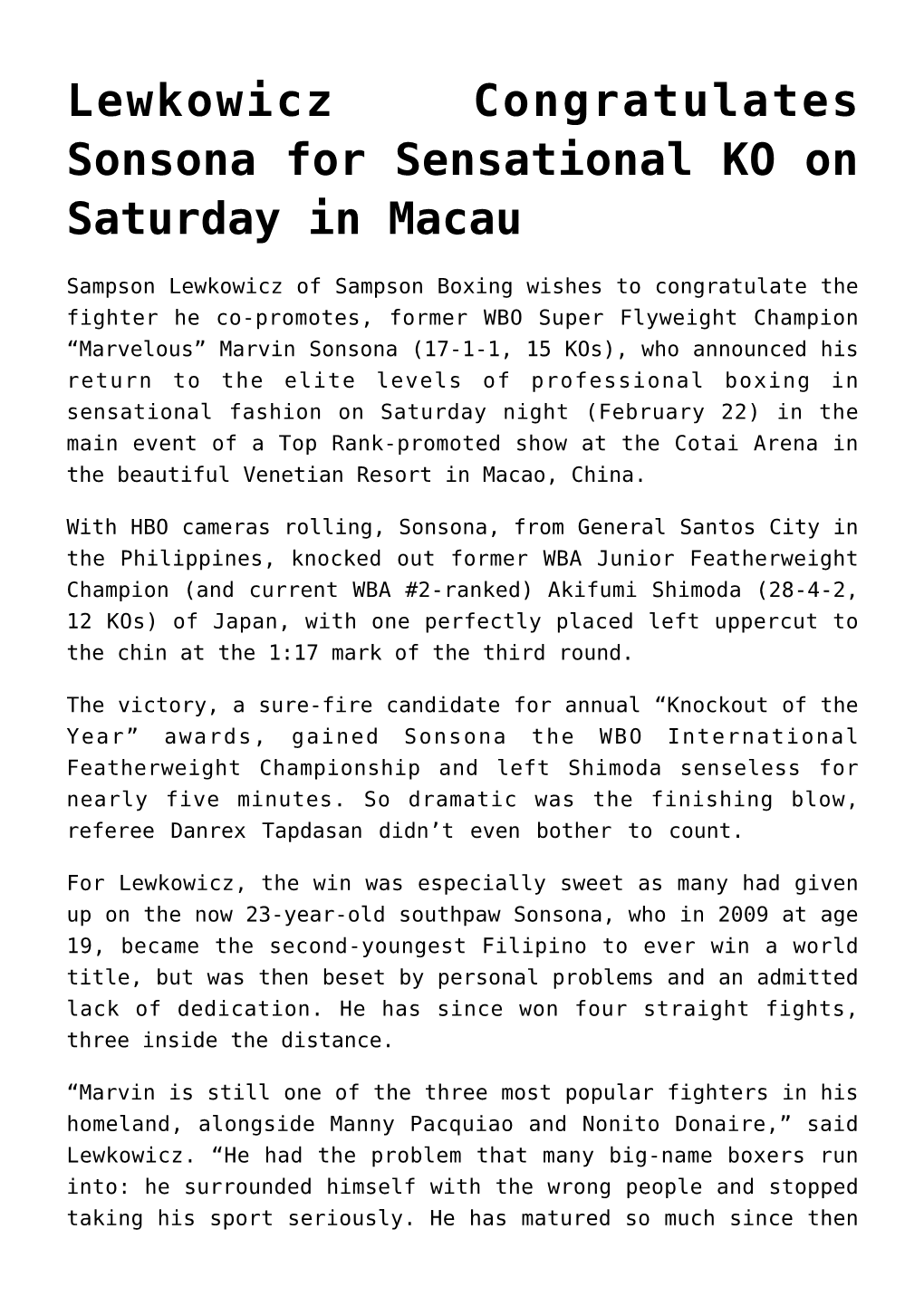 Lewkowicz Congratulates Sonsona for Sensational KO on Saturday in Macau