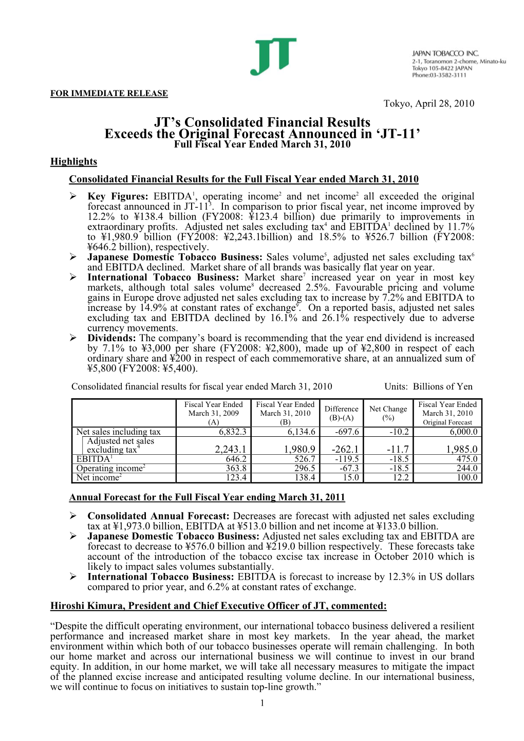 JT's Consolidated Financial Results Exceeds the Original