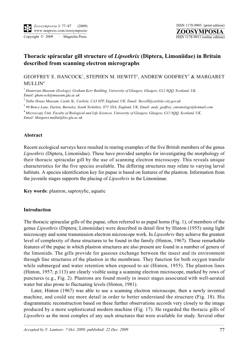 Zoosymposia 3, Thoracic Spiracular Gill Structure of Lipsothrix (Diptera