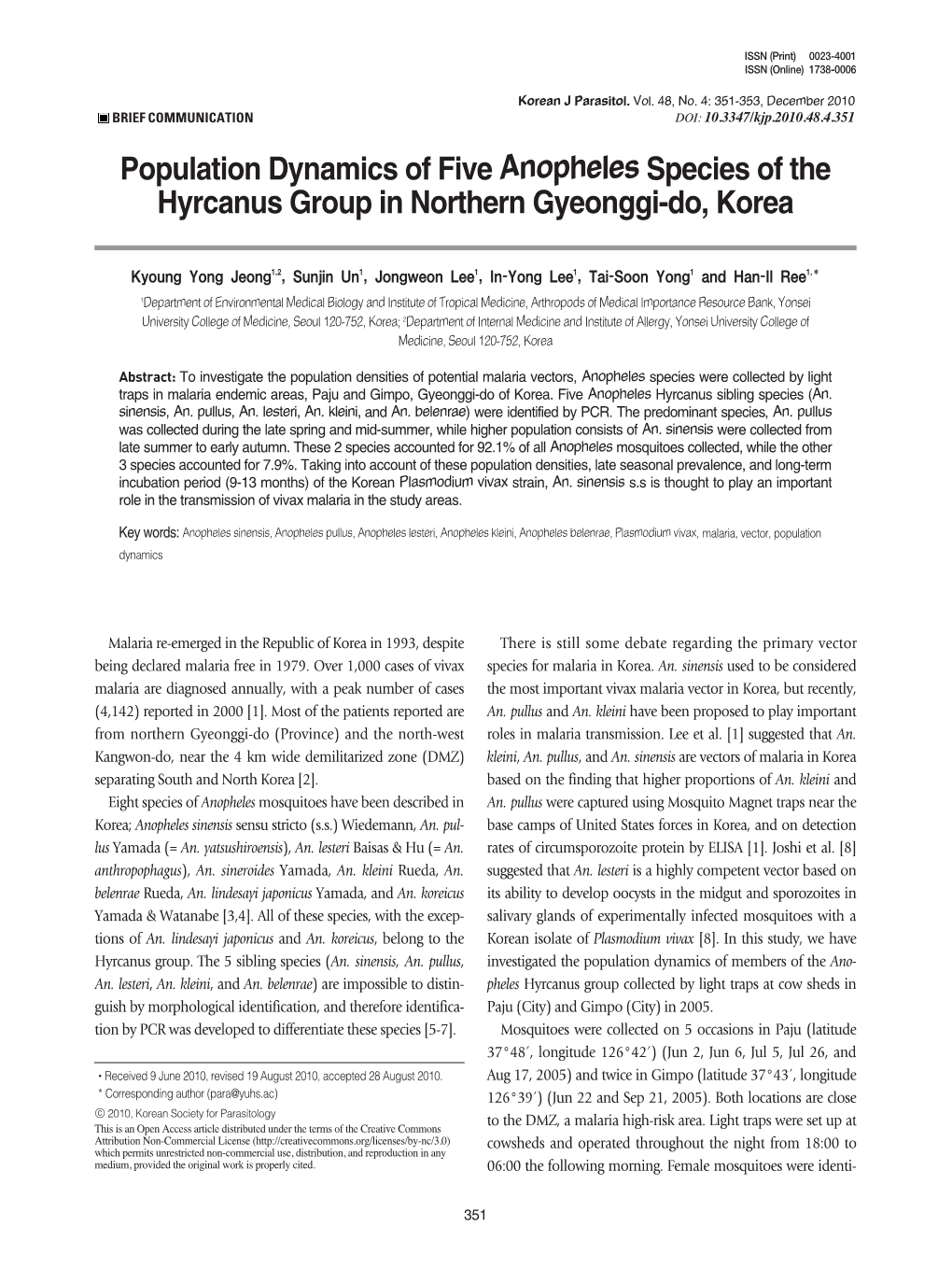 Population Dynamics of Five Anopheles Species of the Hyrcanus Group in Northern Gyeonggi-Do, Korea