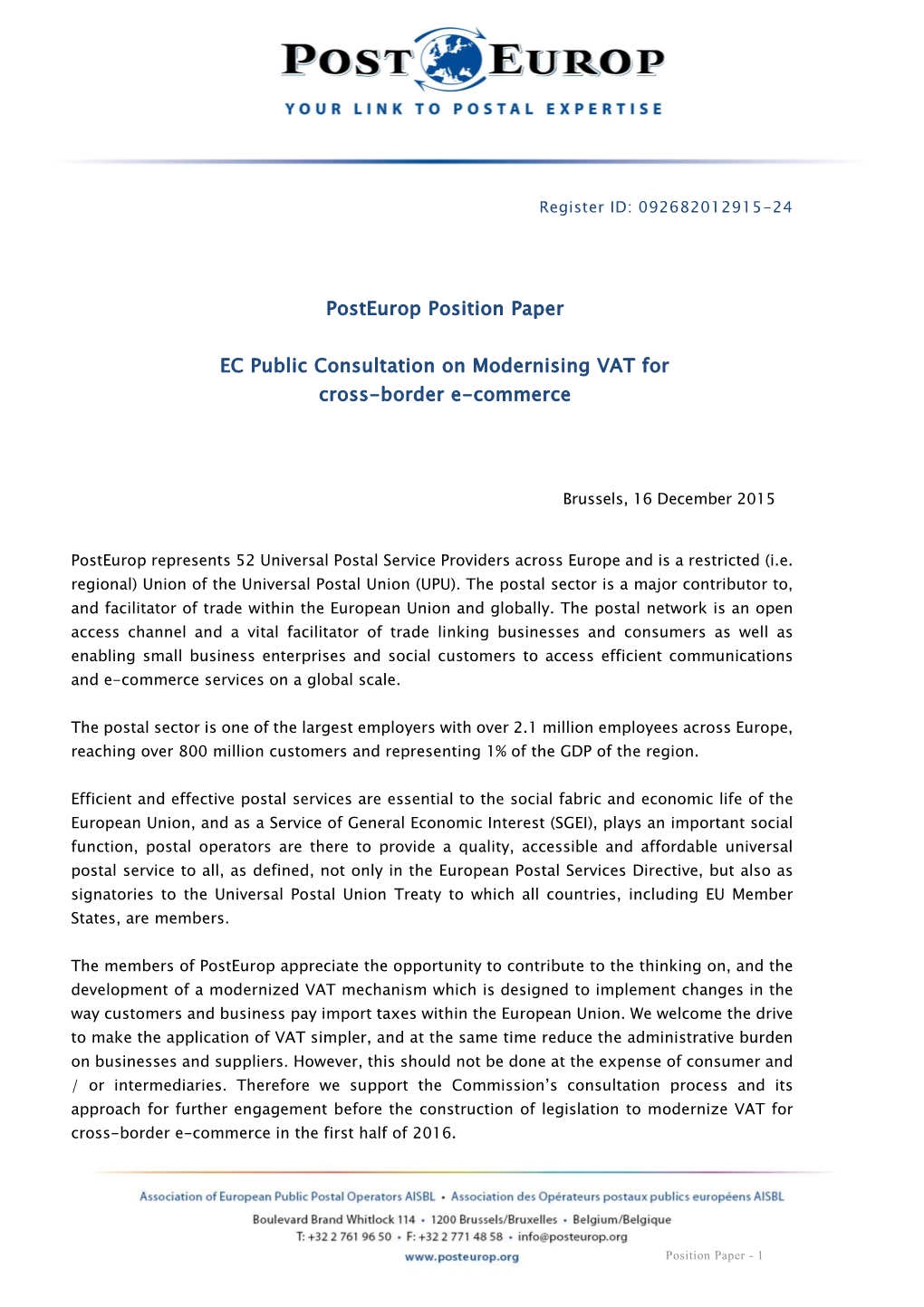 Posteurop Position Paper EC Public Consultation on Modernising VAT