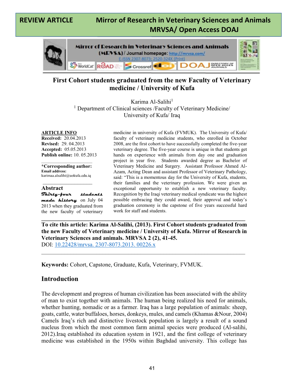 REVIEW ARTICLE Mirror of Research in Veterinary Sciences and Animals MRVSA/ Open Access DOAJ