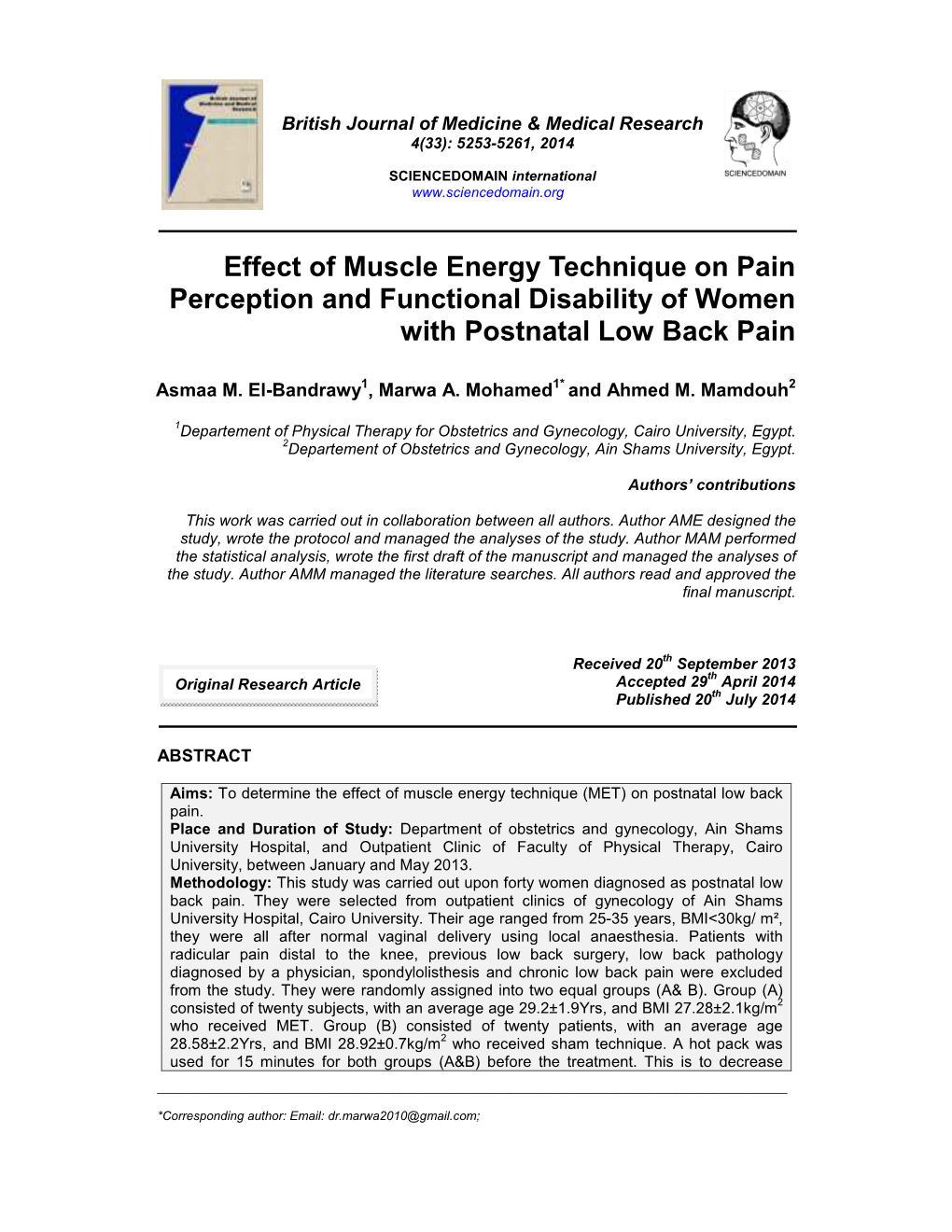 Effect of Muscle Energy Technique on Pain Perception and Functional Disability of Women with Postnatal Low Back Pain