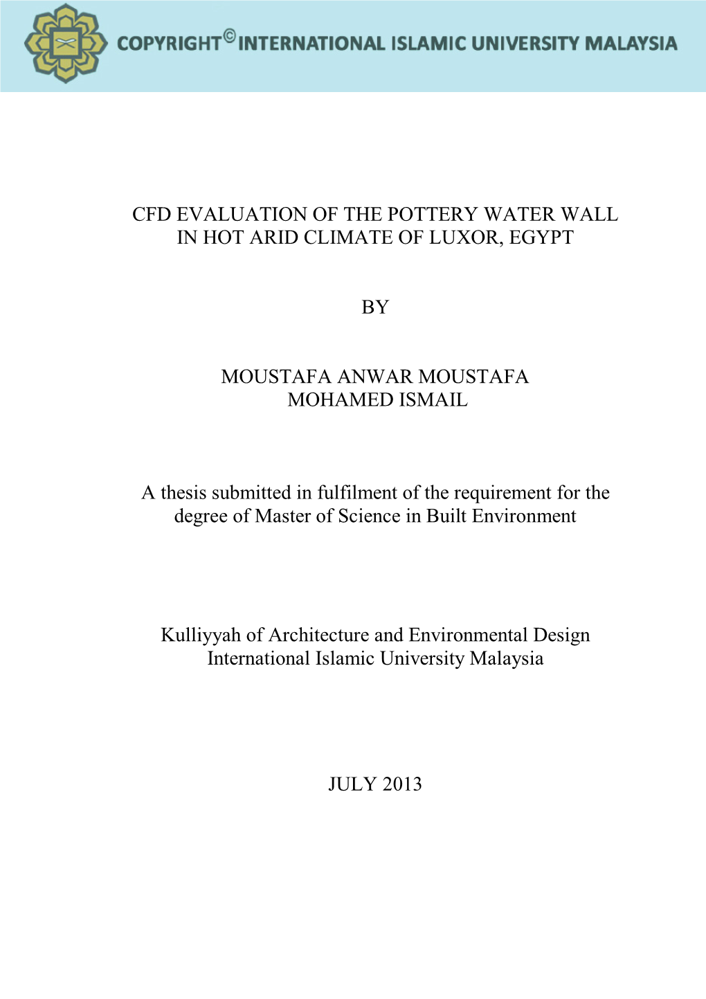 Cfd Evaluation of the Pottery Water Wall in Hot Arid Climate of Luxor, Egypt