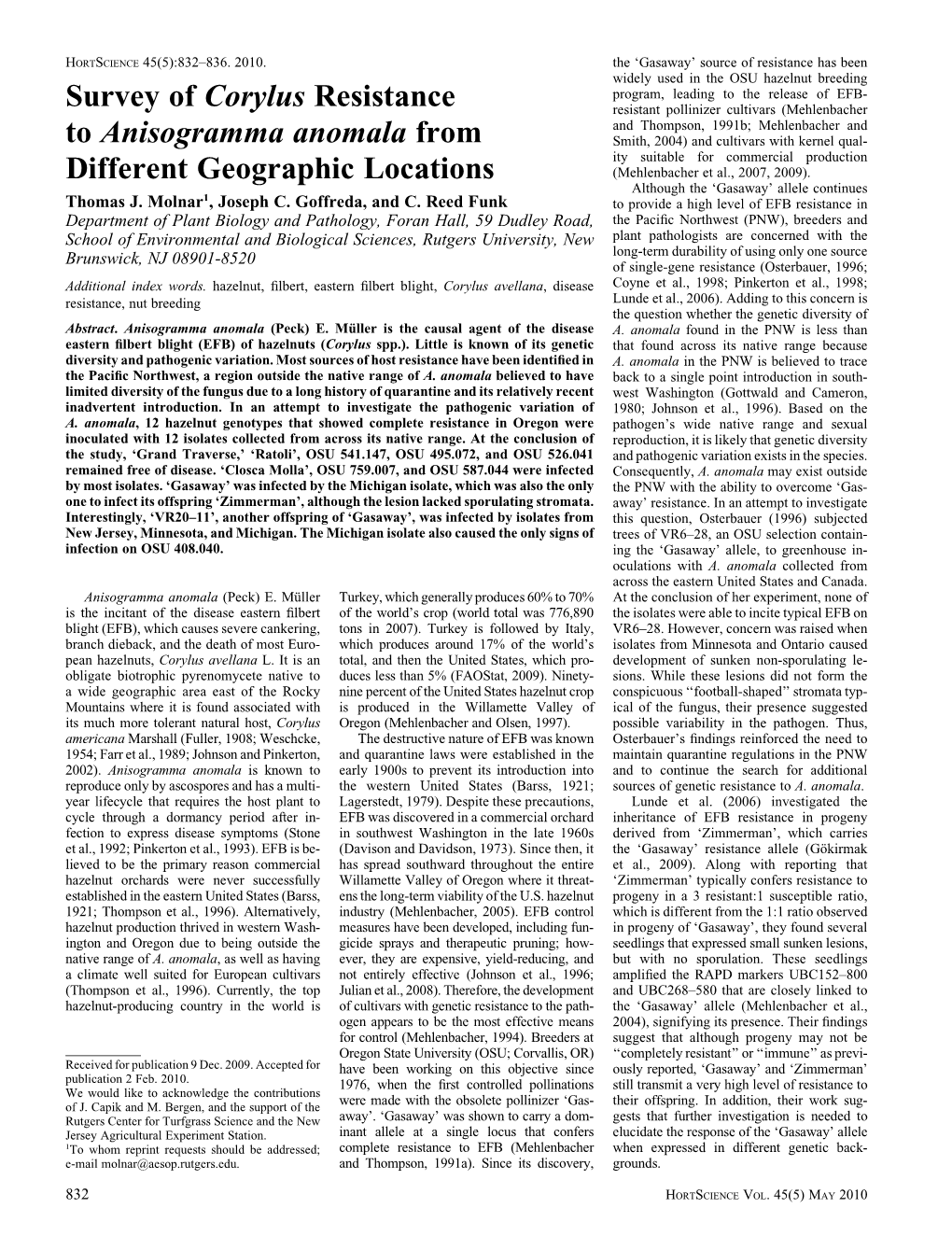 Survey of Corylus Resistance to Anisogramma Anomala From