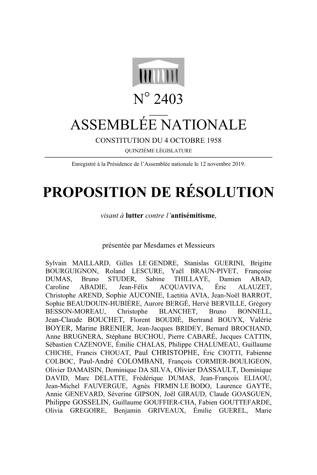 N° 2403 Assemblée Nationale Proposition De Résolution