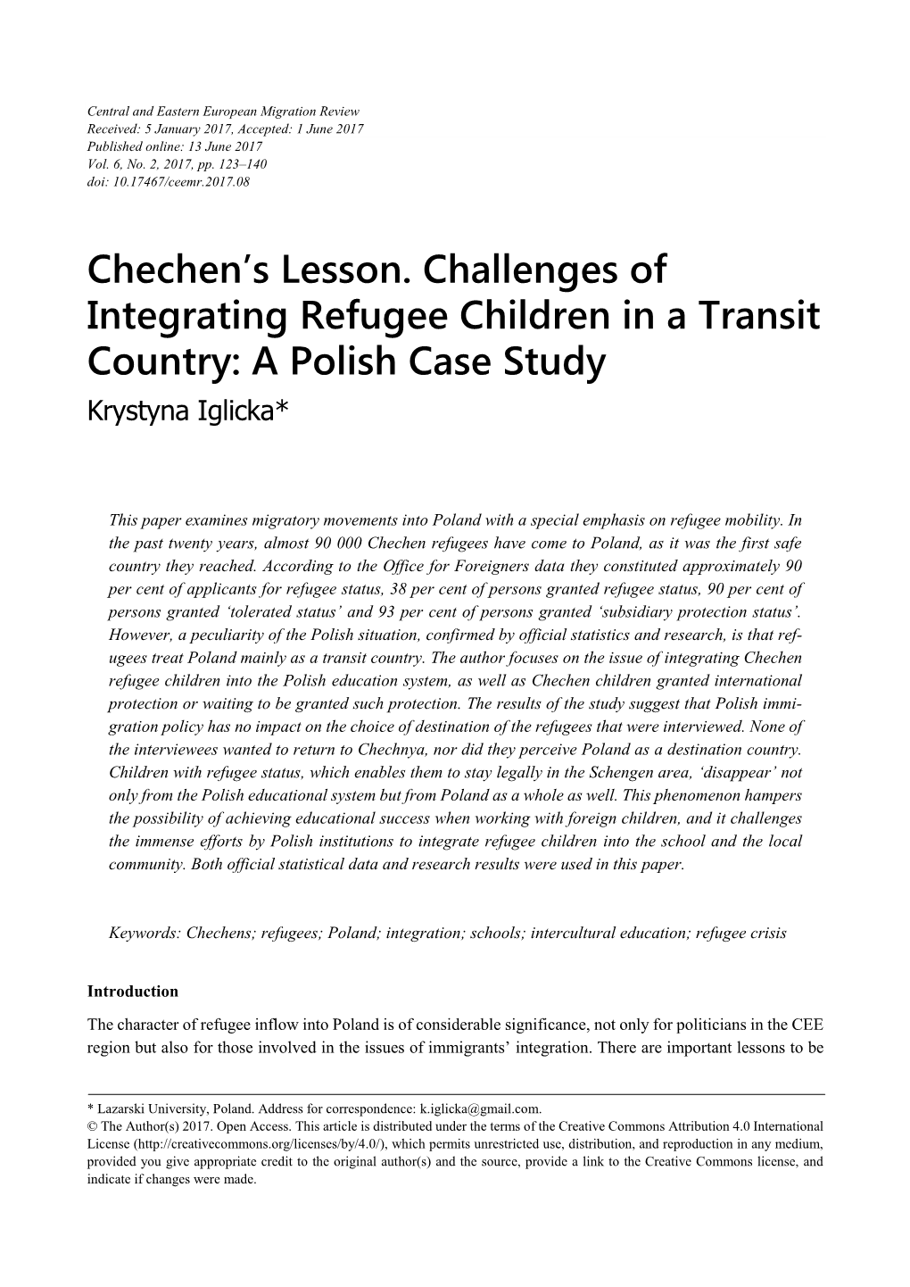 Chechen's Lesson. Challenges of Integrating Refugee Children in A