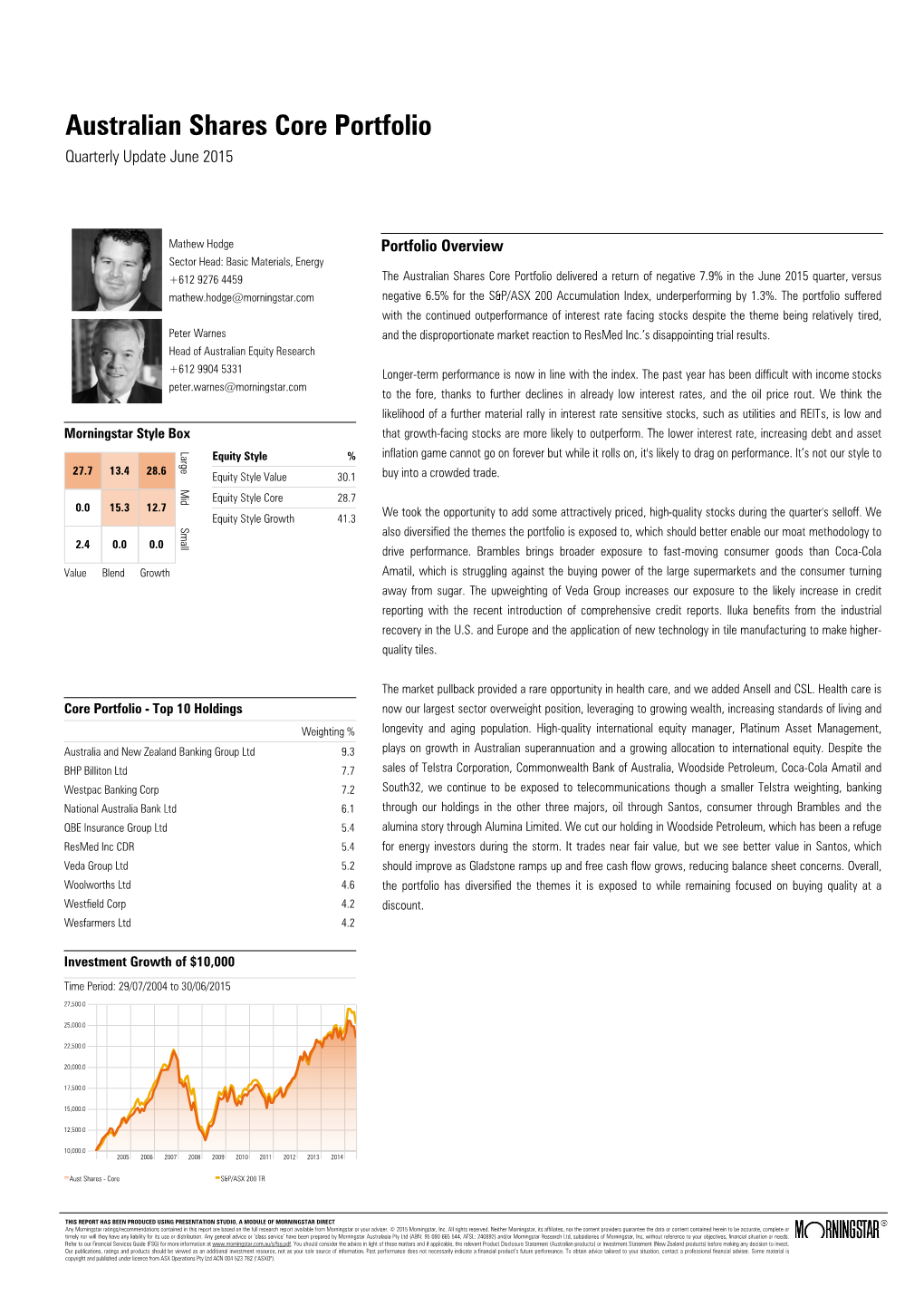 Australian Shares Core Portfolio Quarterly Update June 2015