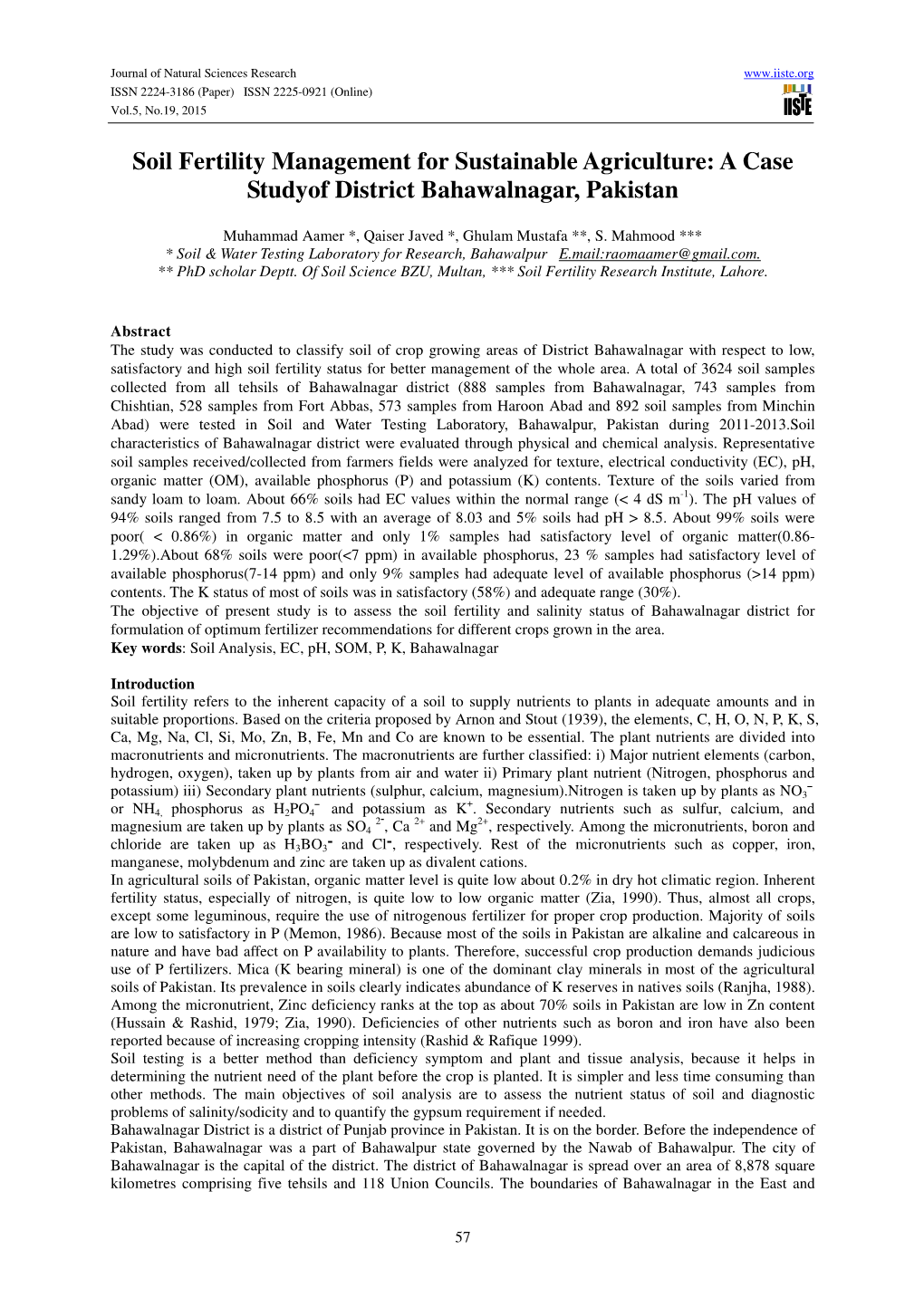 Soil Fertility Management for Sustainable Agriculture: a Case Studyof District Bahawalnagar, Pakistan