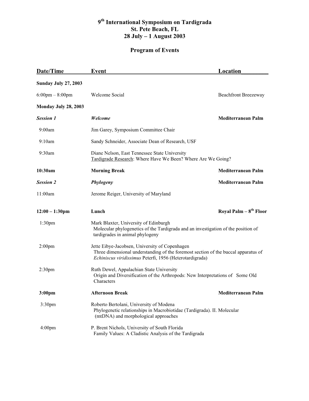 9Th International Symposium on Tardigrada St. Pete Beach, FL 28 July – 1 August 2003 Program of Events Date/Time Event Locat