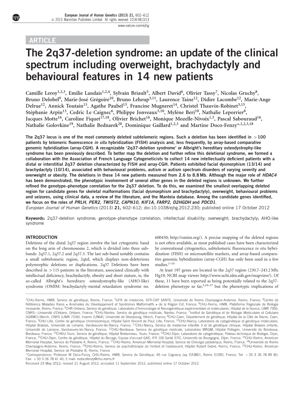 The 2Q37-Deletion Syndrome: an Update of the Clinical Spectrum Including Overweight, Brachydactyly and Behavioural Features in 14 New Patients