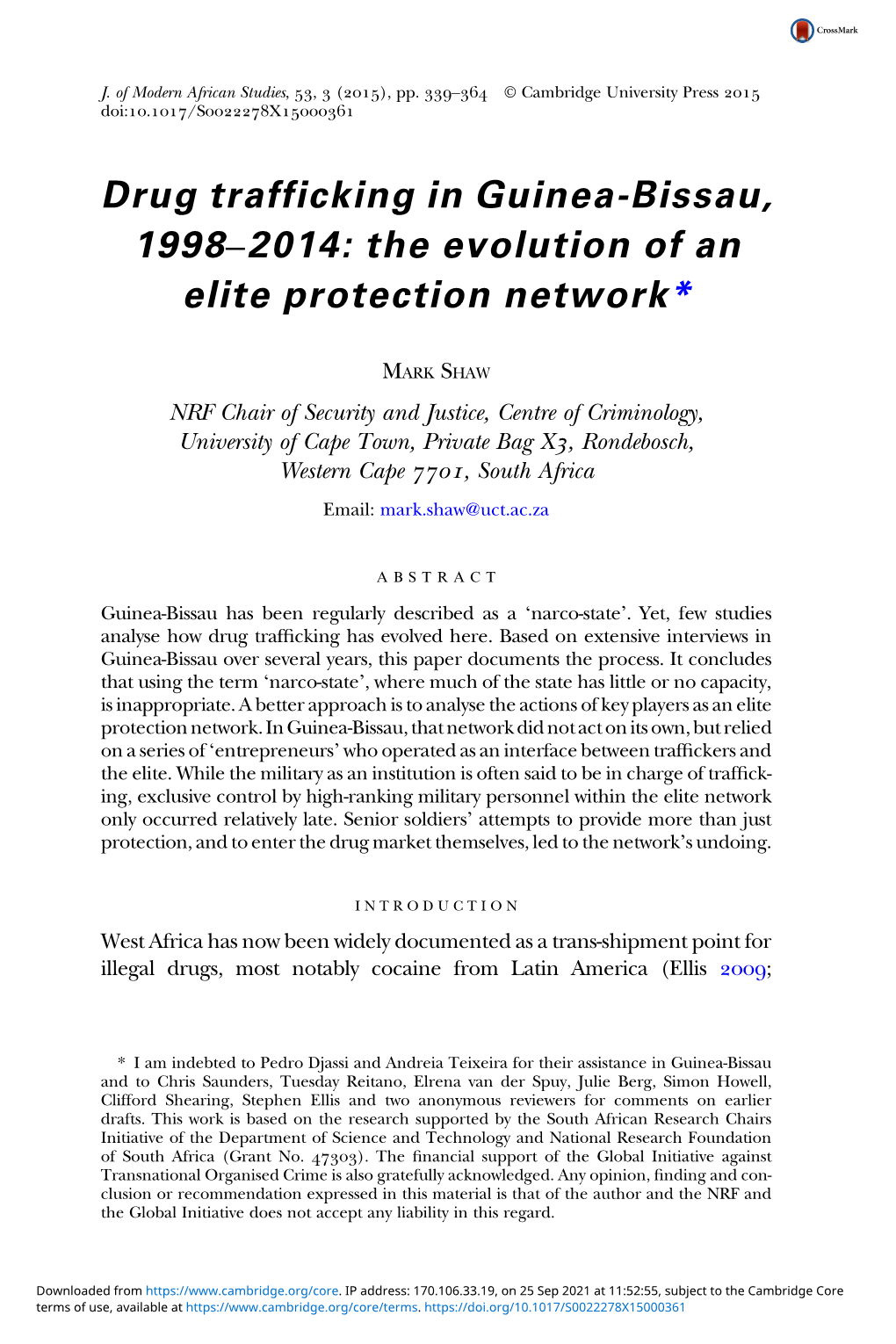 Drug Trafficking in Guinea-Bissau, 1998–2014: the Evolution of an Elite Protection Network*