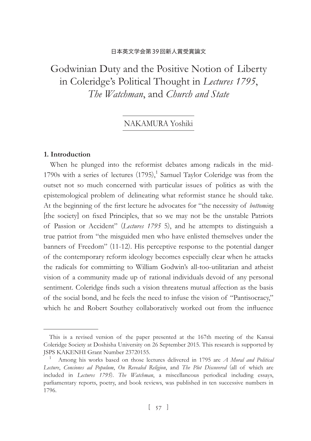 Godwinian Duty and the Positive Notion of Liberty in Coleridge's