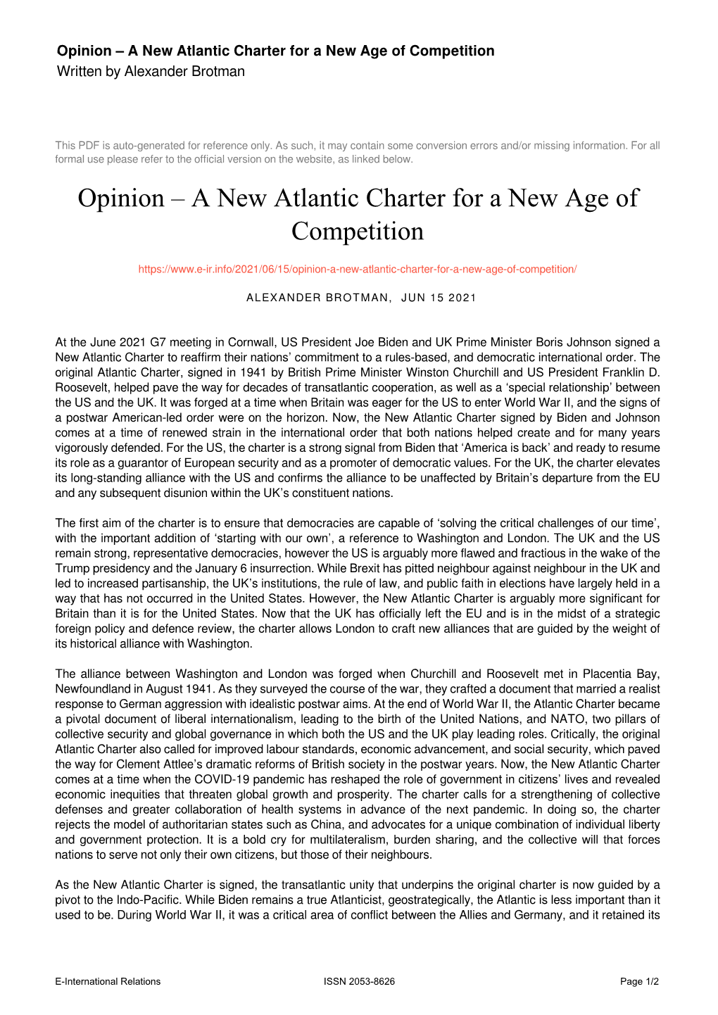 Opinion – a New Atlantic Charter for a New Age of Competition Written by Alexander Brotman