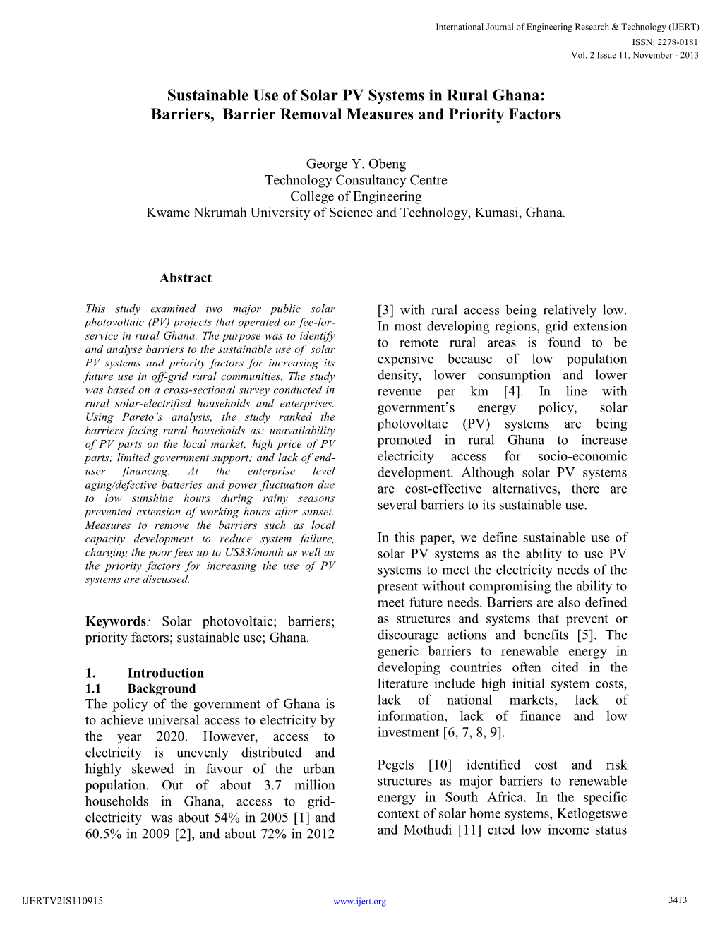 Sustainable Use of Solar PV Systems in Rural Ghana: Barriers, Barrier Removal Measures and Priority Factors