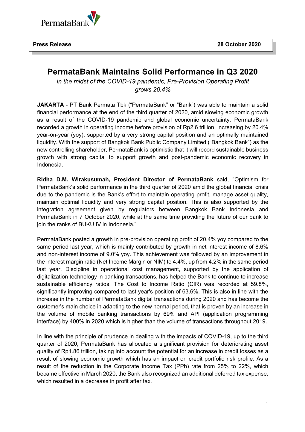 Permatabank Maintains Solid Performance in Q3 2020 in the Midst of the COVID-19 Pandemic, Pre-Provision Operating Profit Grows 20.4%