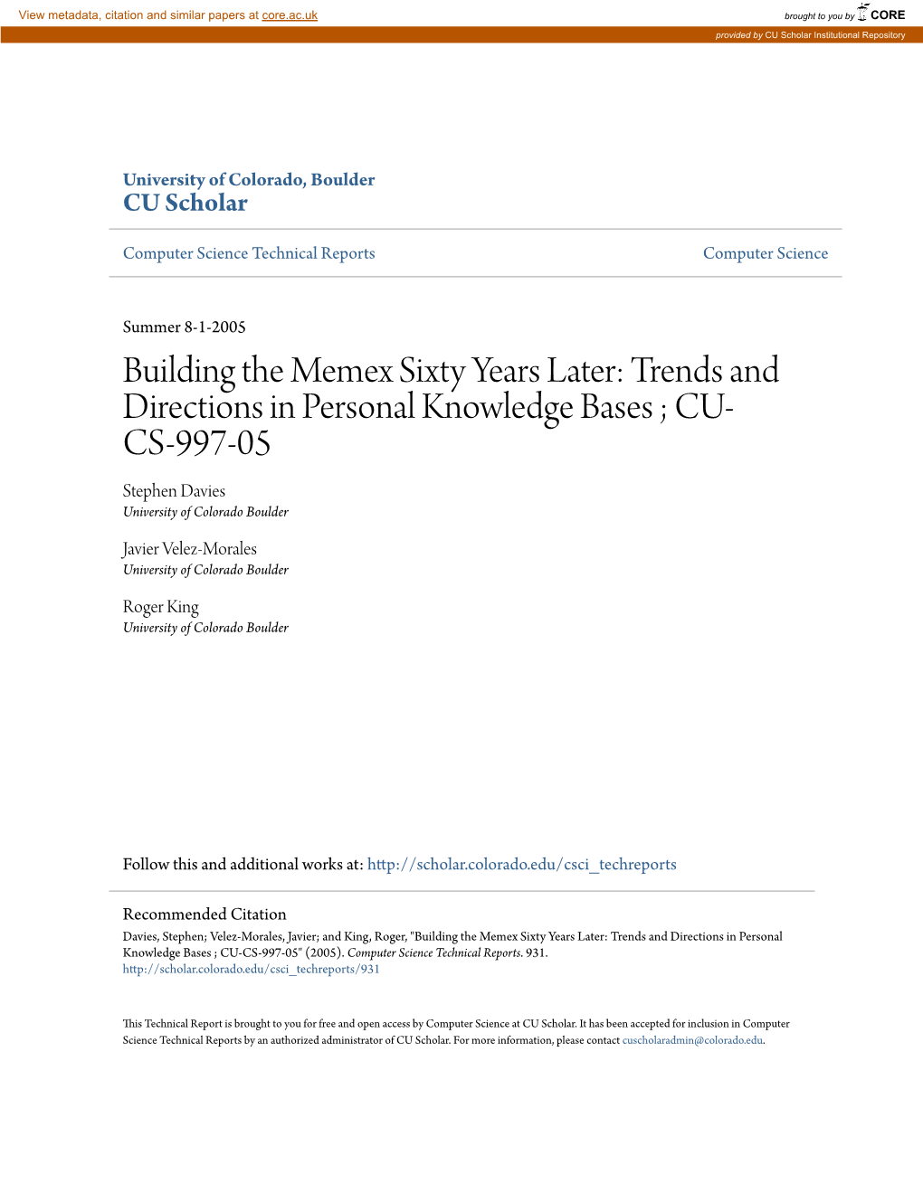 Trends and Directions in Personal Knowledge Bases ; CU-CS-997-05