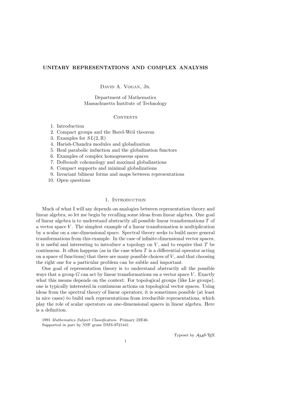 UNITARY REPRESENTATIONS and COMPLEX ANALYSIS David A