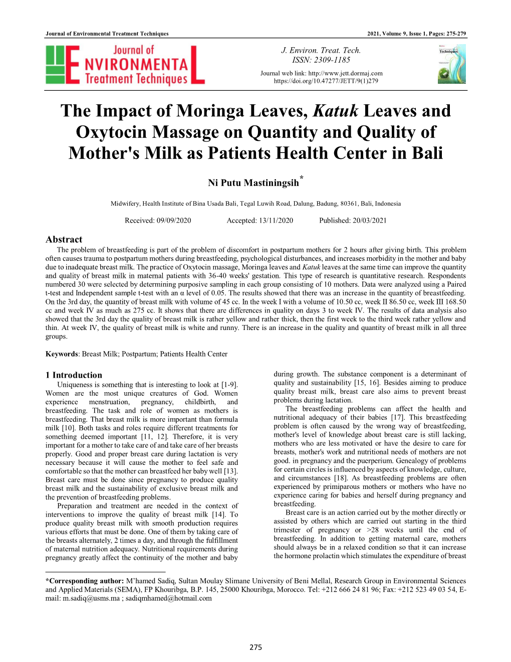The Impact of Moringa Leaves, Katuk Leaves and Oxytocin Massage on Quantity and Quality of Mother's Milk As Patients Health Center in Bali