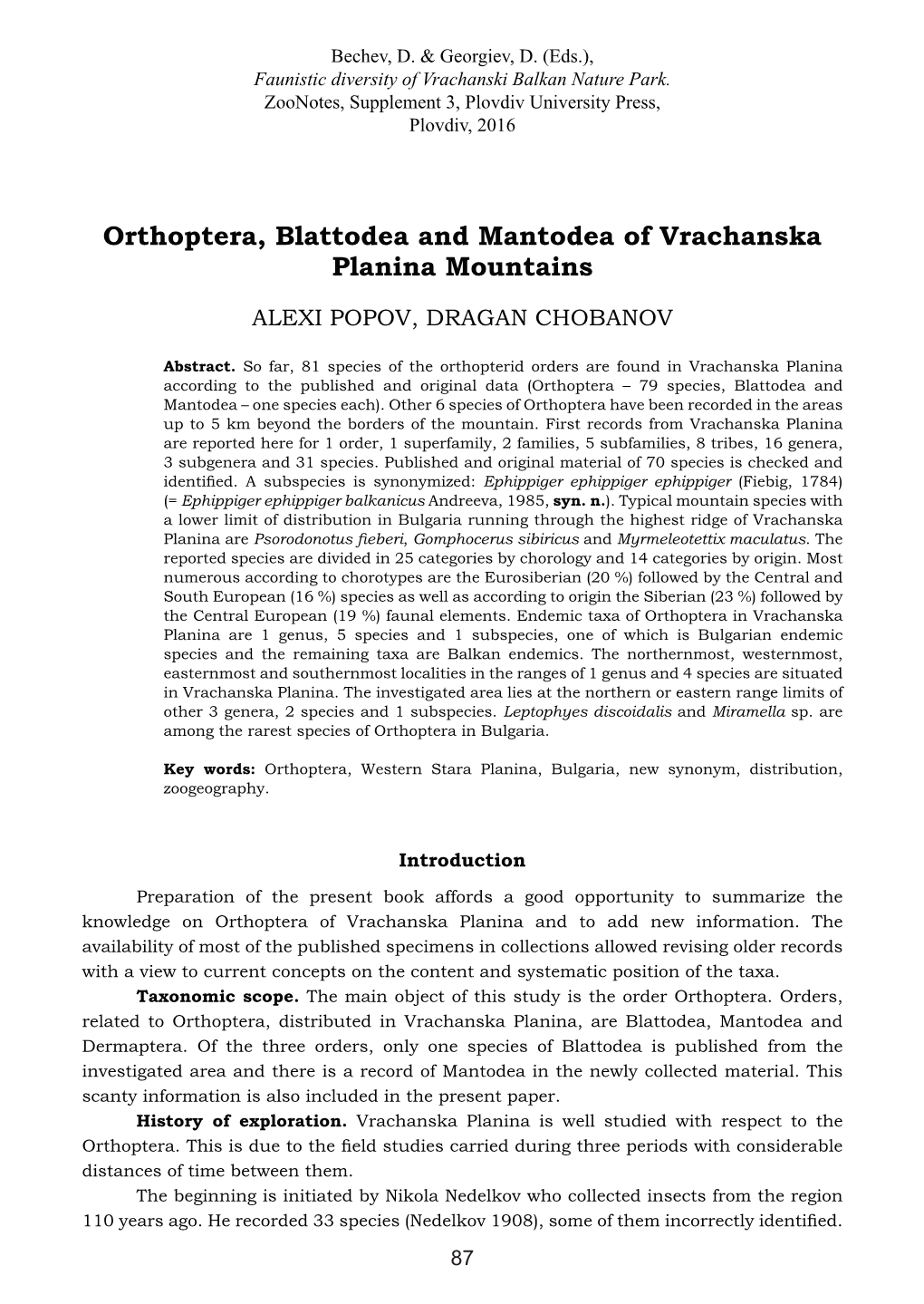 Orthoptera, Blattodea and Mantodea of Vrachanska Planina Mountains