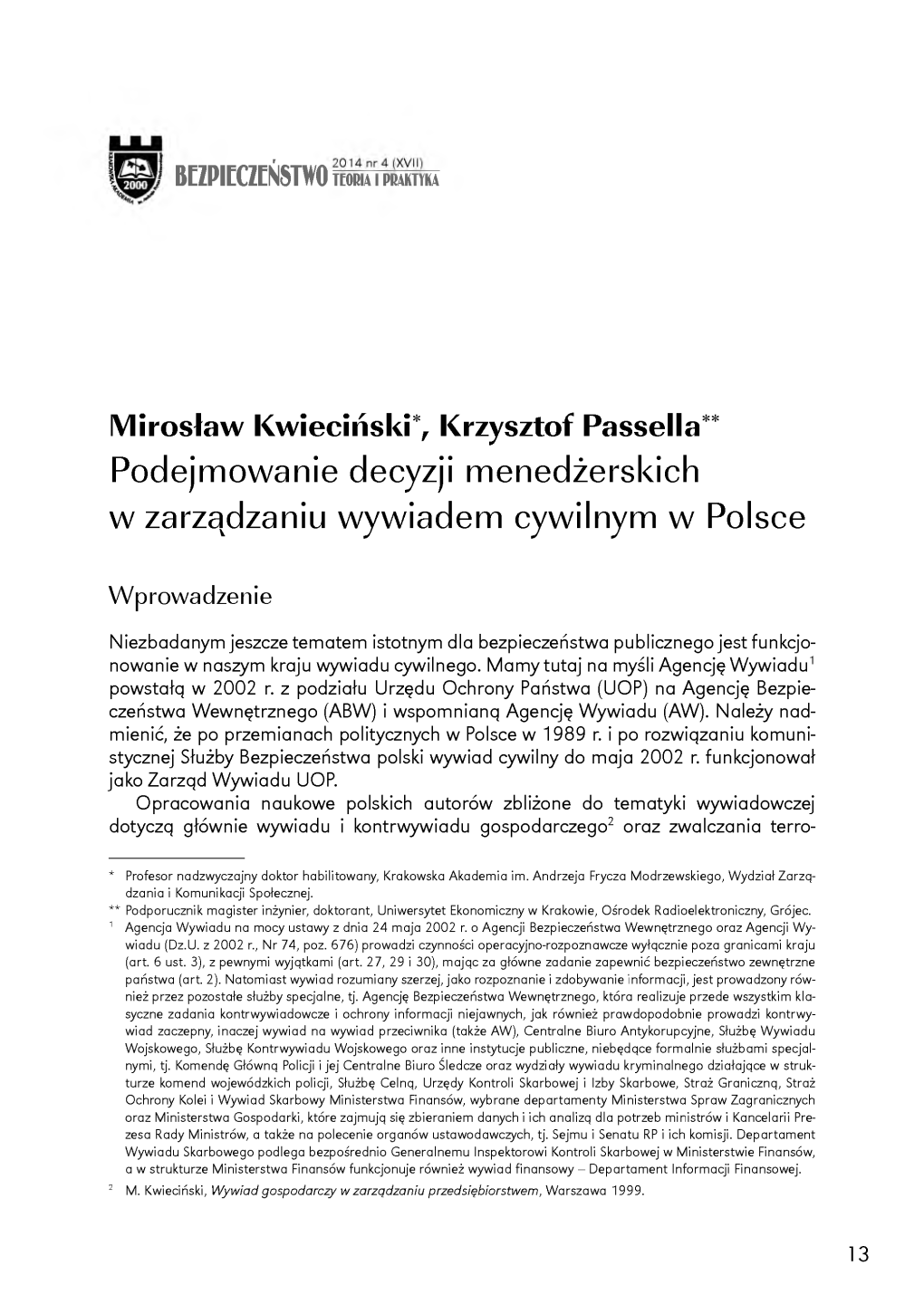 Podejmowanie Decyzji Menedżerskich W Zarządzaniu Wywiadem Cywilnym W Polsce