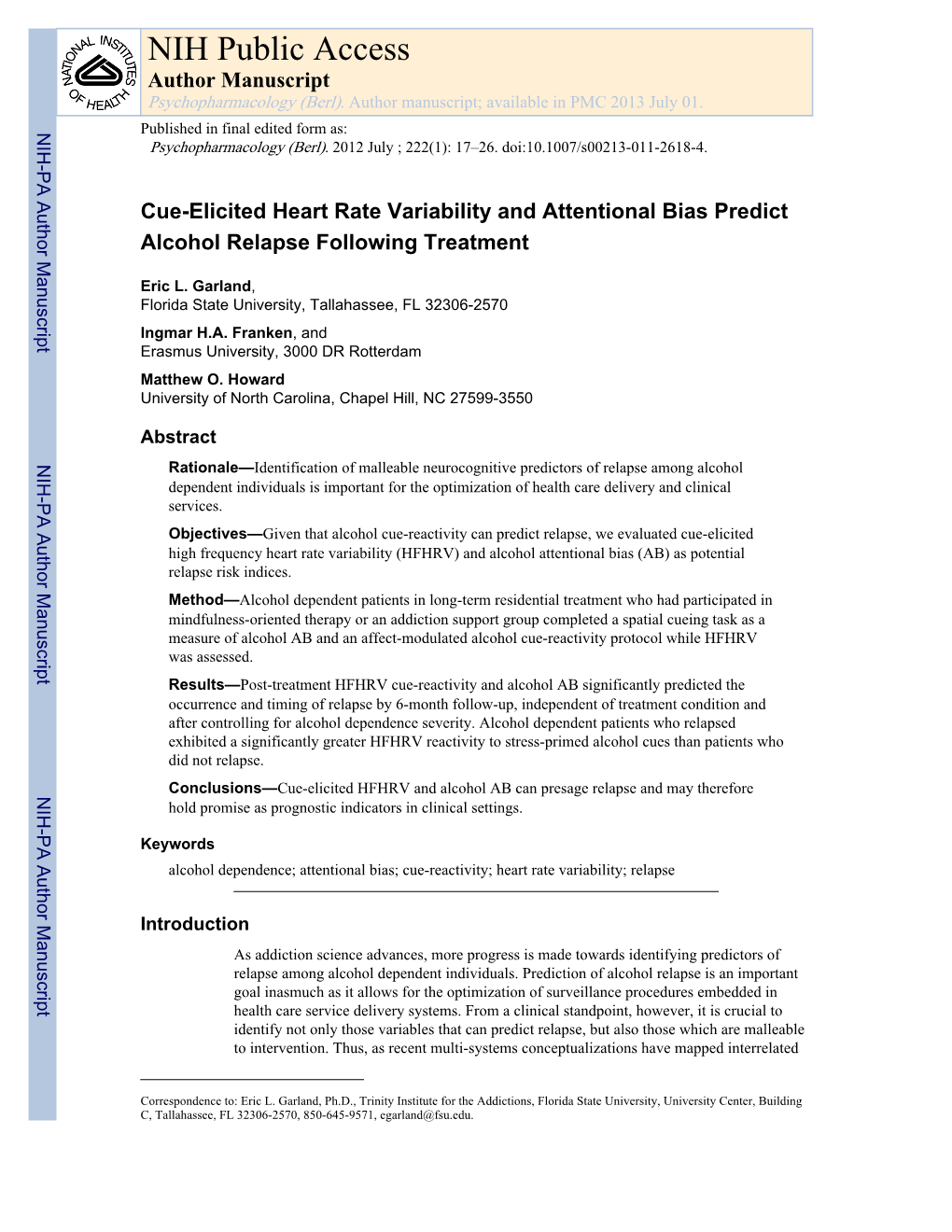 NIH Public Access Author Manuscript Psychopharmacology (Berl)