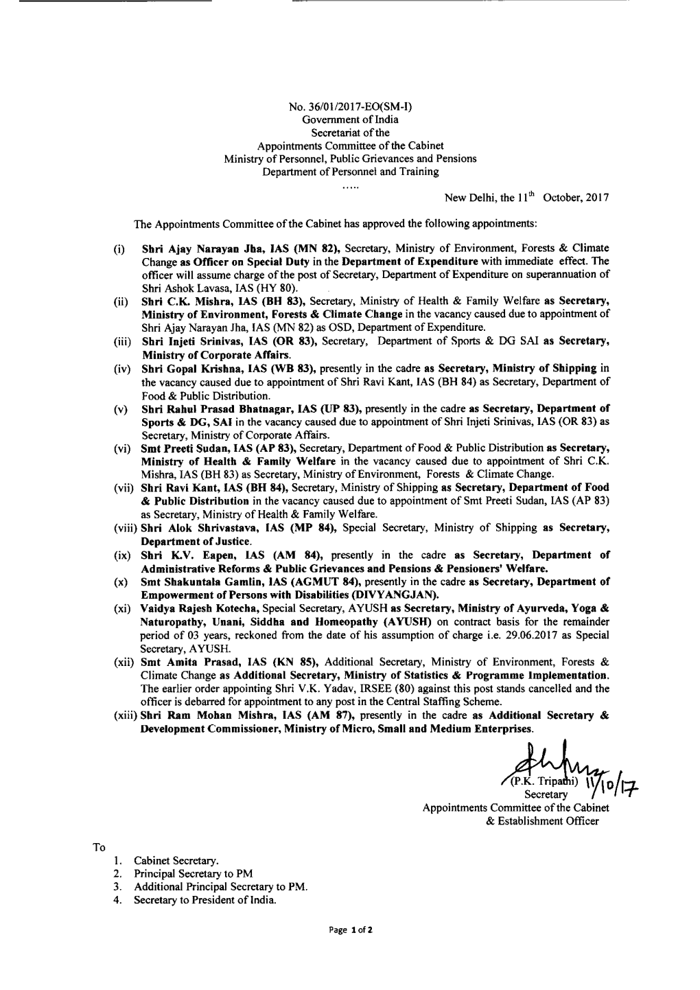 Government of India Secretariat of the Appointments Committee of the Cabinet Ministry of Personnel, Public Grievances and Pensio