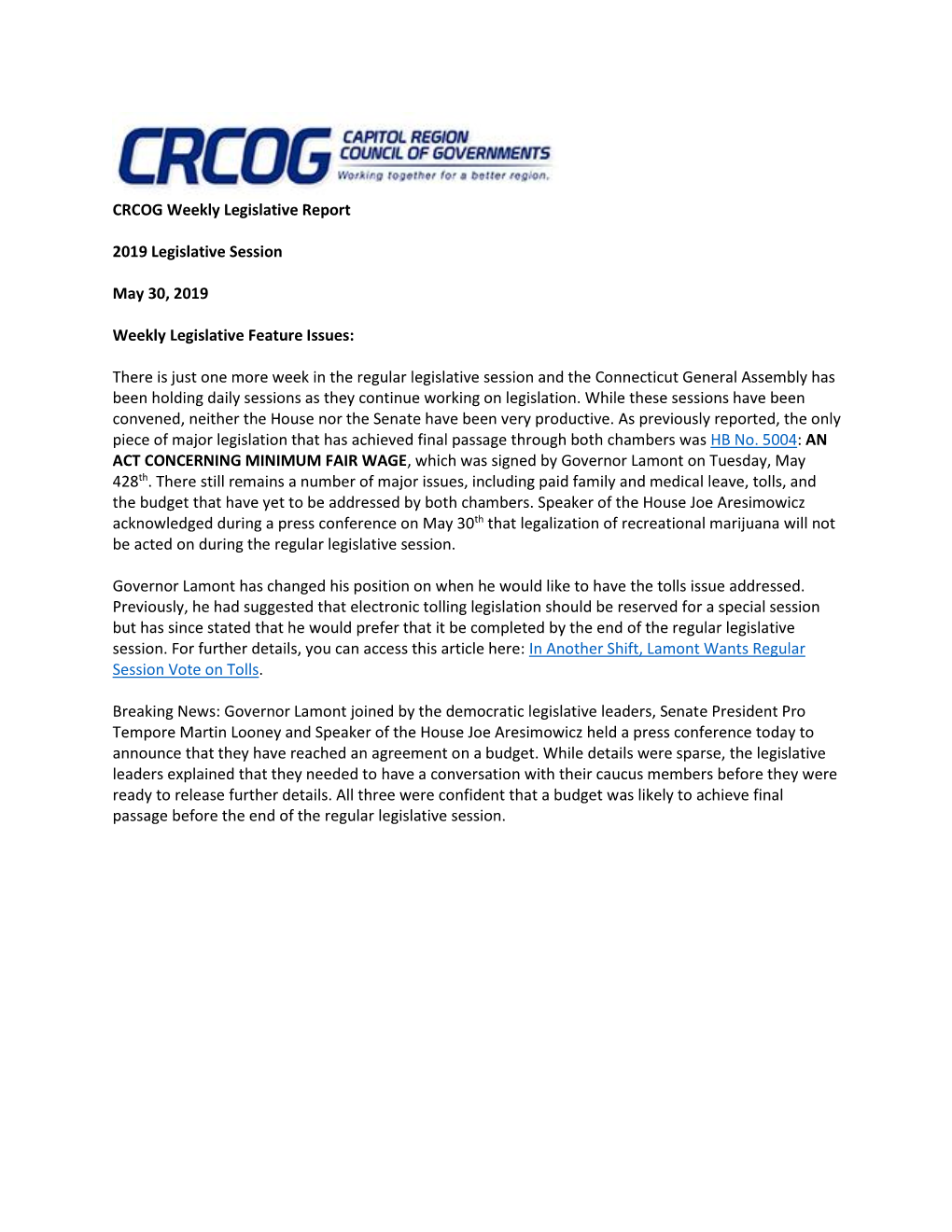 CRCOG Weekly Legislative Report 2019 Legislative Session May 30