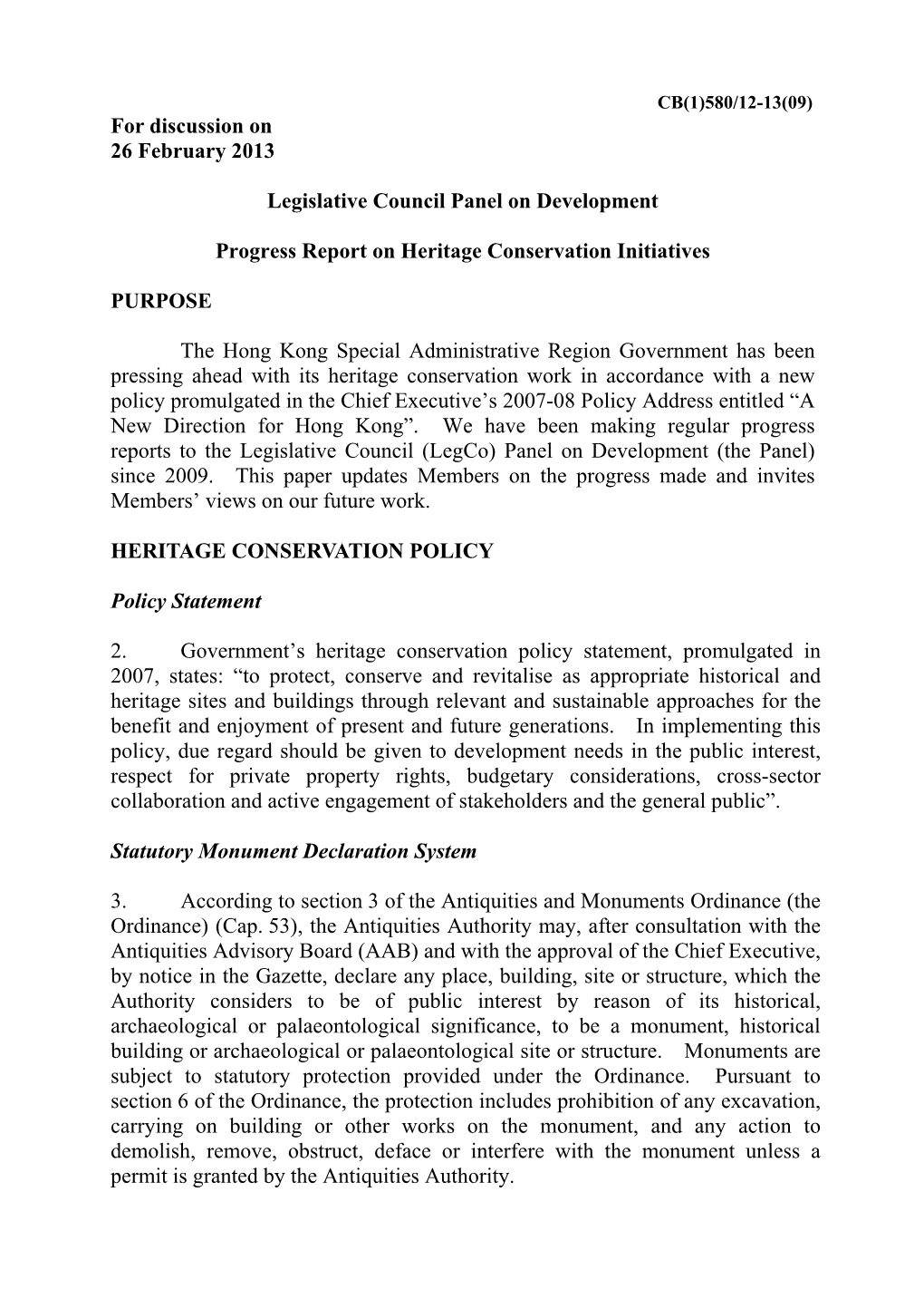 Administration's Paper on Progress Report on Heritage Conservation