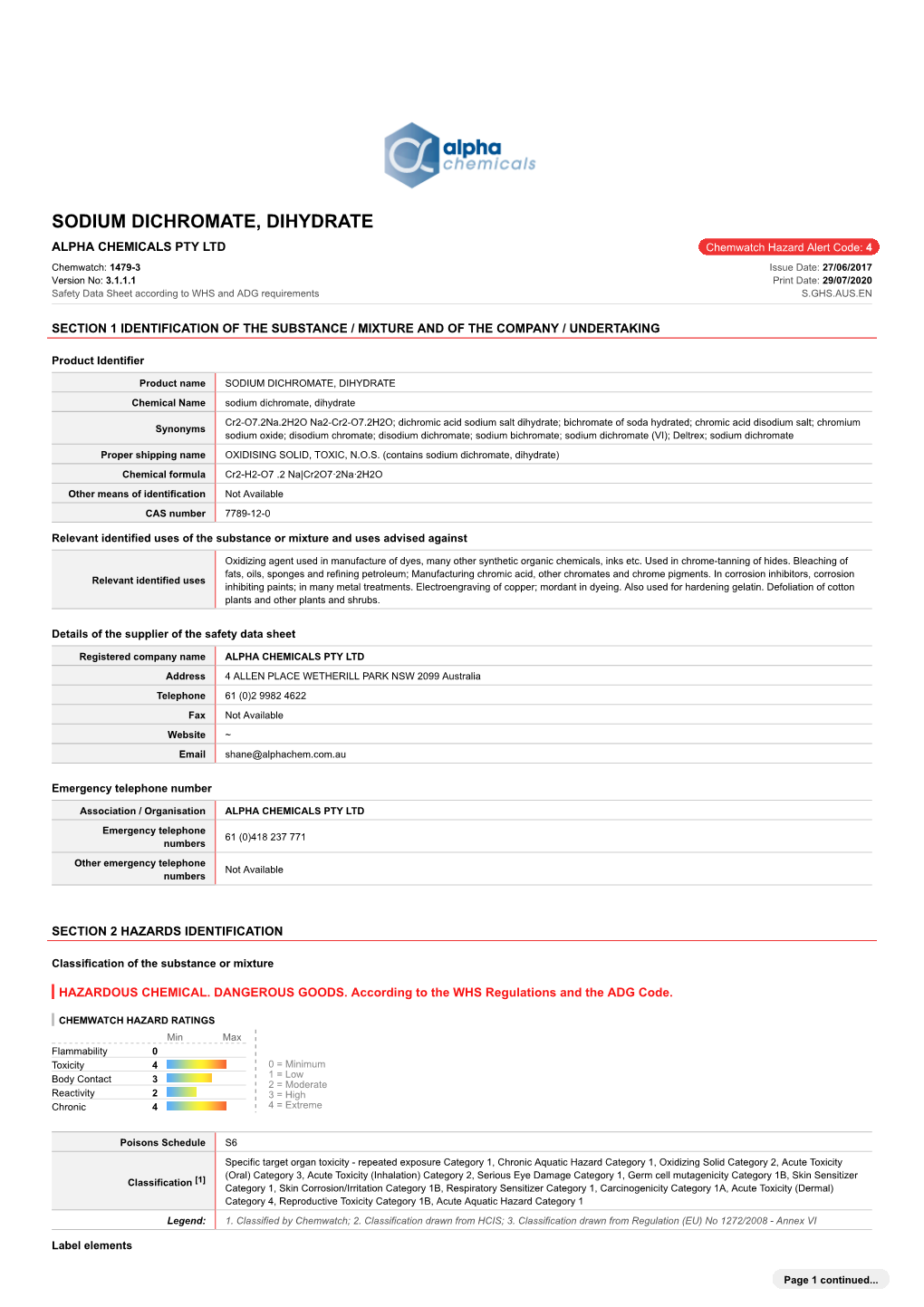 Sodium Dichromate, Dihydrate