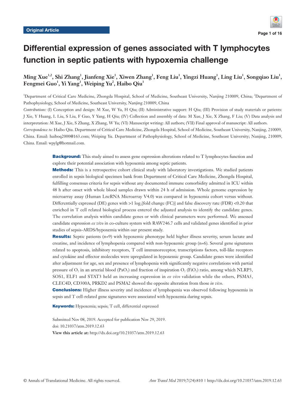 Differential Expression of Genes Associated with T Lymphocytes Function in Septic Patients with Hypoxemia Challenge