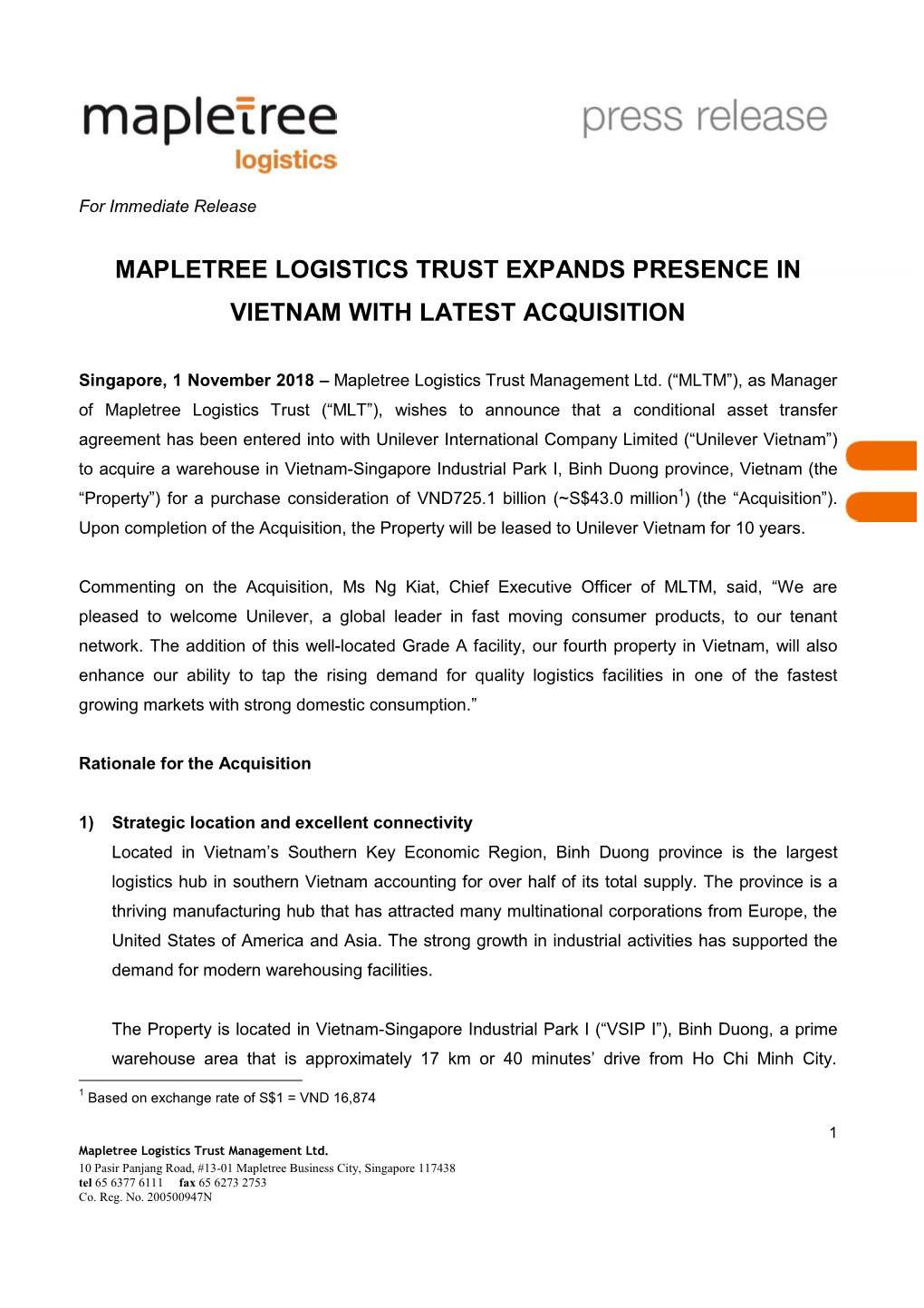 Mapletree Logistics Trust Expands Presence in Vietnam with Latest Acquisition