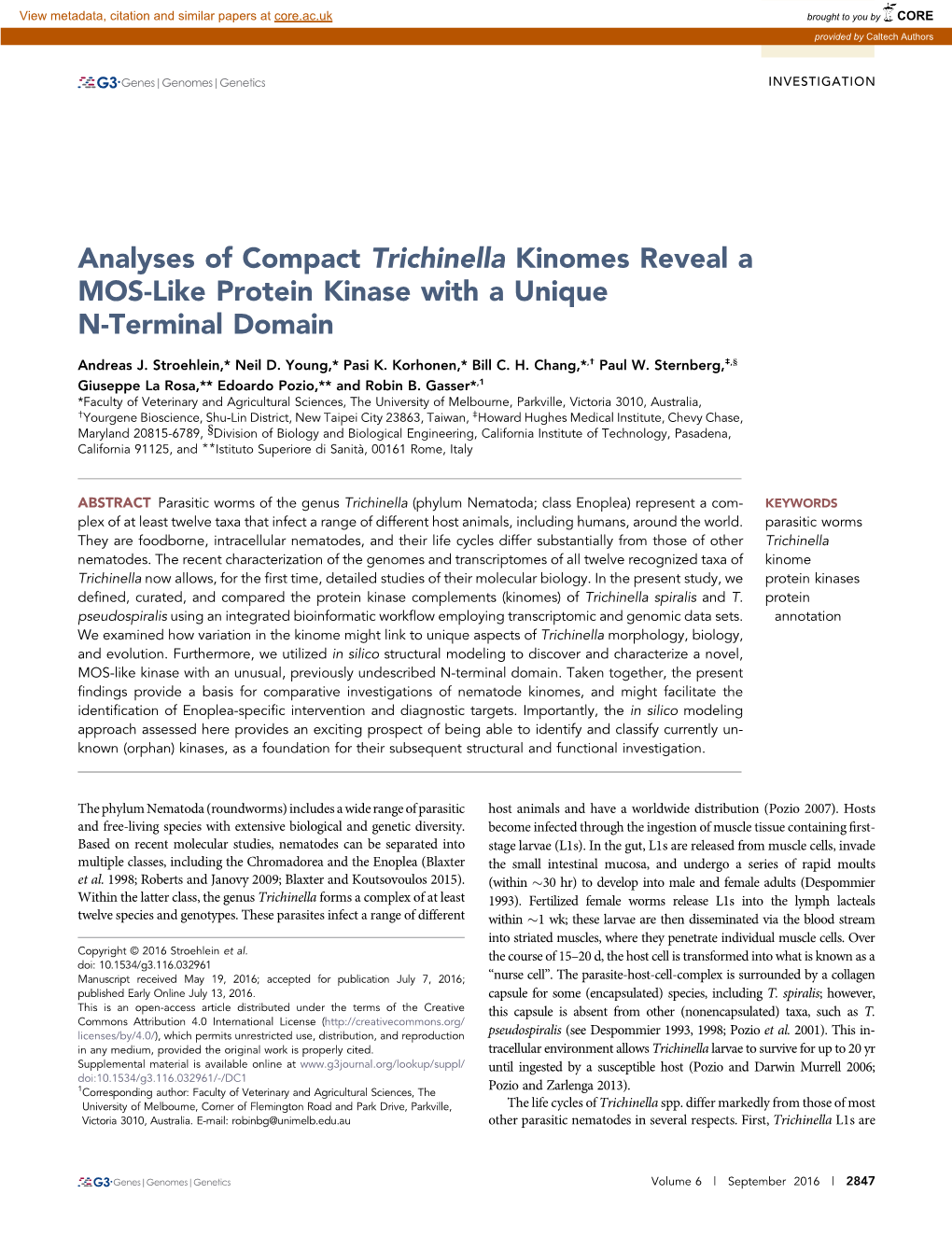 Analyses of Compact Trichinella Kinomes Reveal a MOS-Like Protein Kinase with a Unique N-Terminal Domain