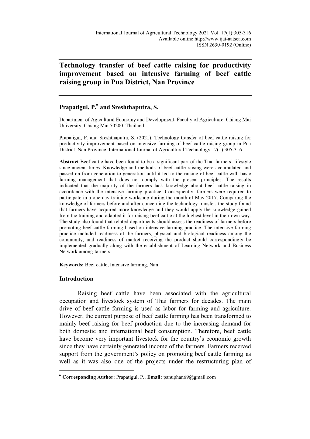 Technology Transfer of Beef Cattle Raising for Productivity Improvement Based on Intensive Farming of Beef Cattle Raising Group in Pua District, Nan Province